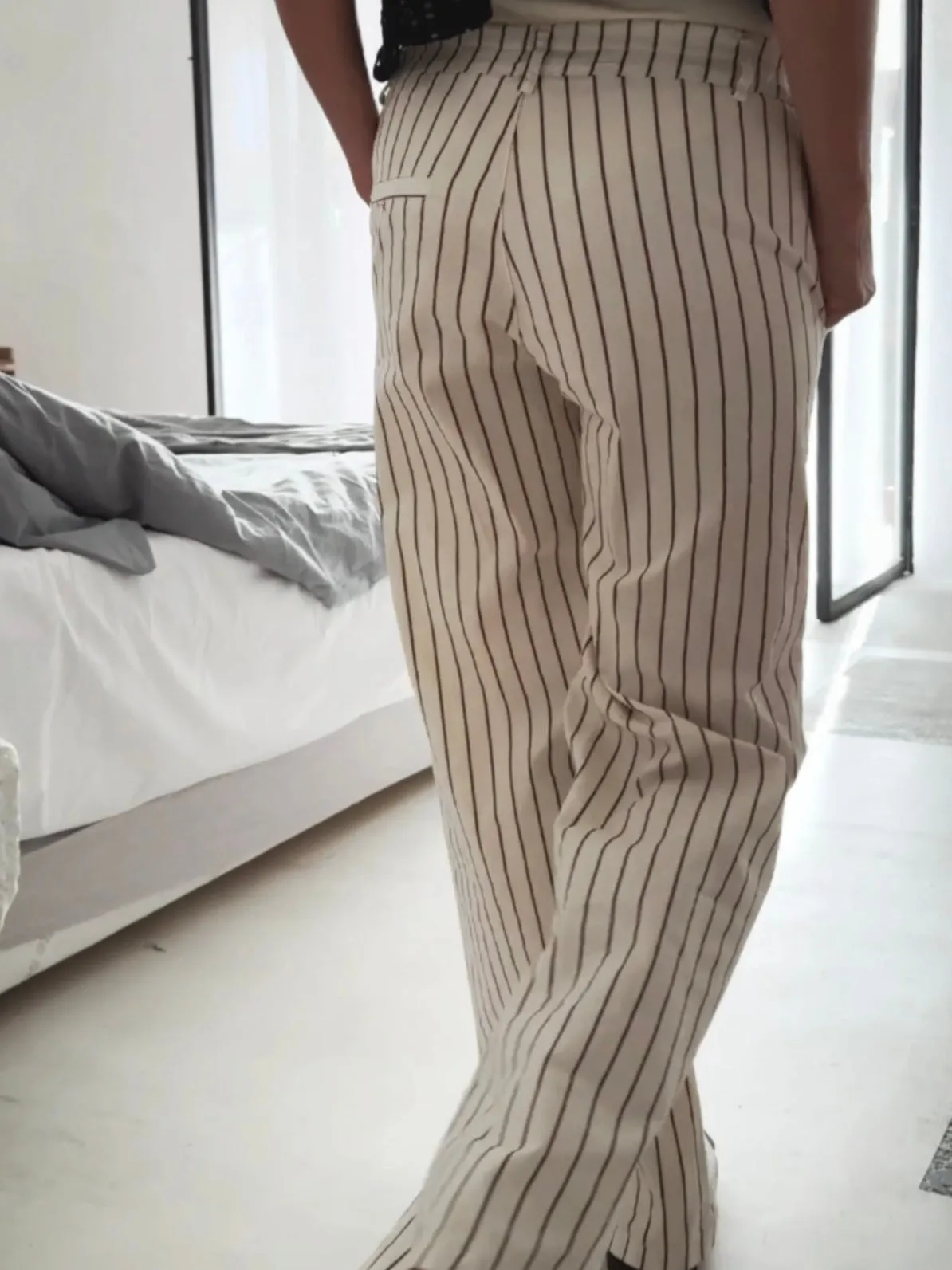 PANTS WITH ELASTIC WAISTBAND - STRIPED BEIGE/BROWN