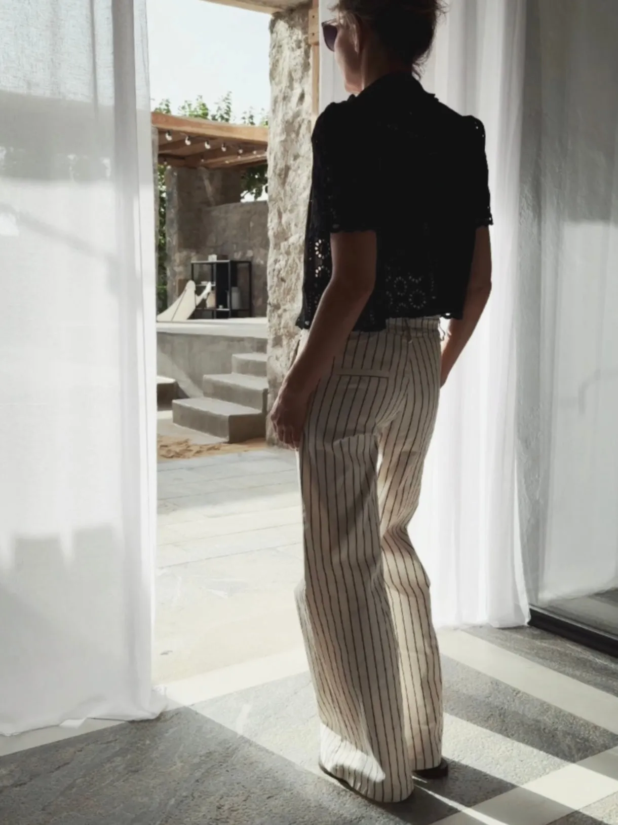 PANTS WITH ELASTIC WAISTBAND - STRIPED BEIGE/BROWN