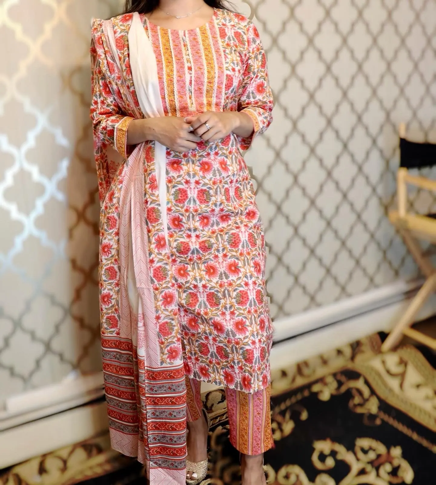 Pink floral cotton three piece