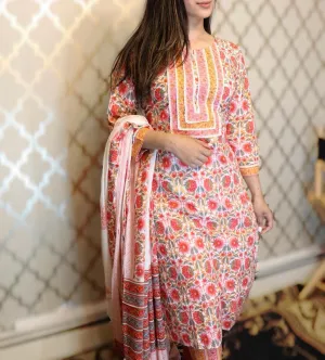 Pink floral cotton three piece