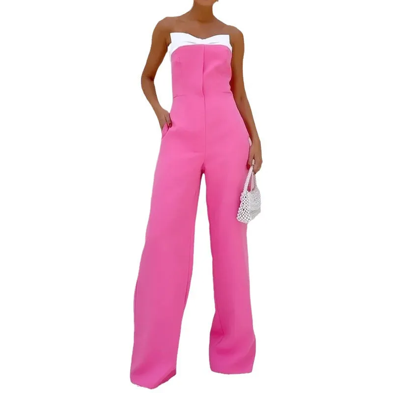 Pink sleeveless tube top loose wide-leg jumpsuit