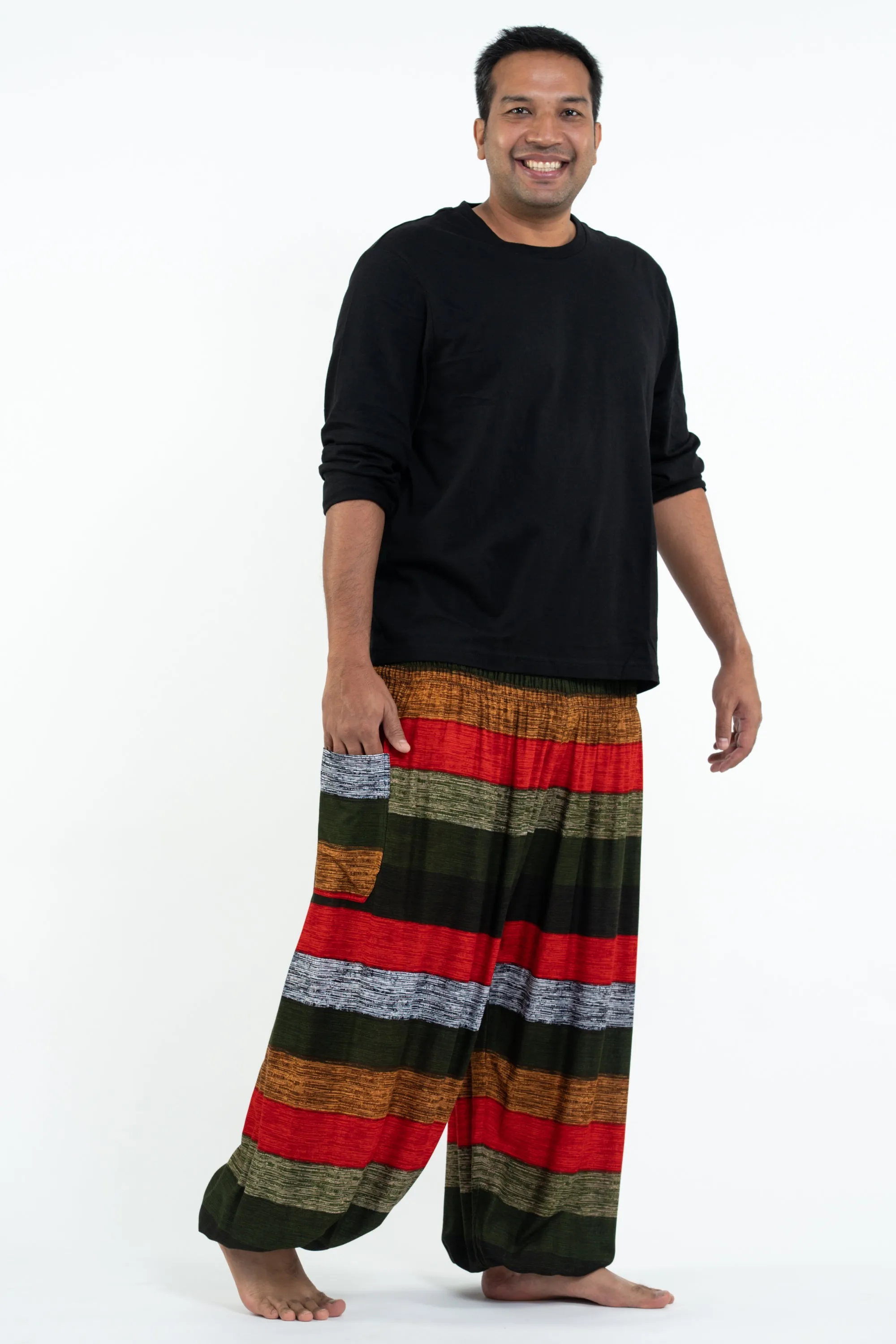 Plus Size Boho Striped Men's Harem Pants in Green