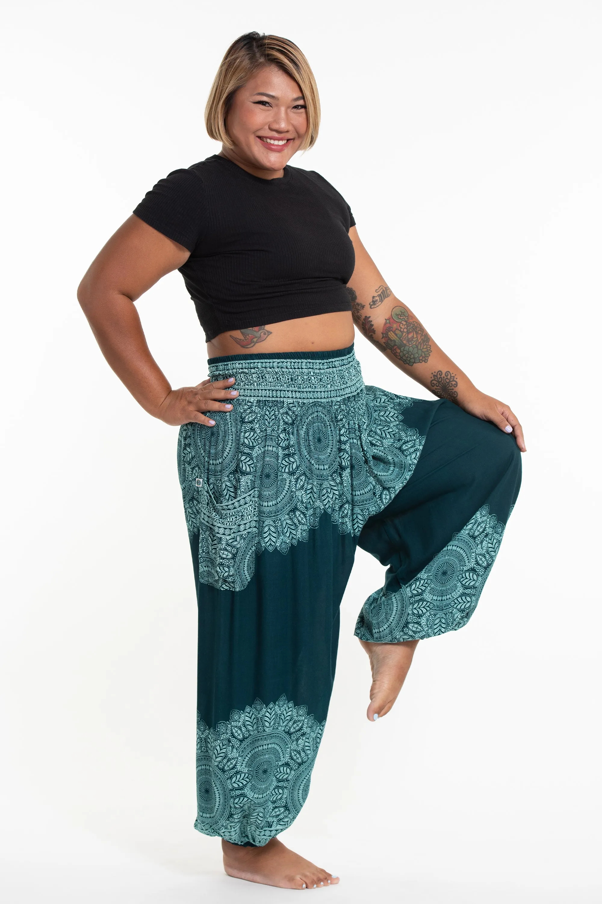 Plus Size Floral Mandalas Women's Harem Pants in Teal