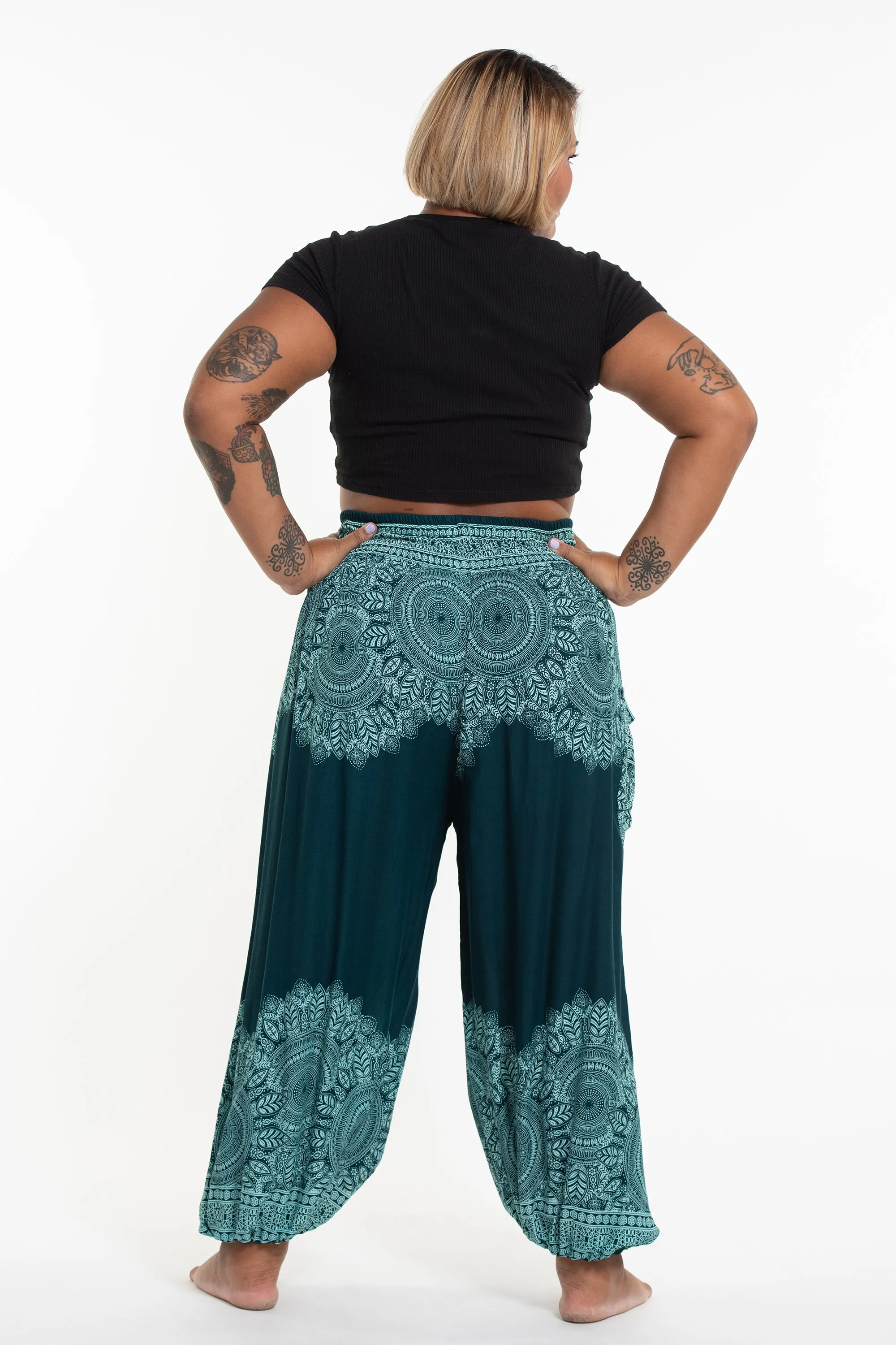 Plus Size Floral Mandalas Women's Harem Pants in Teal