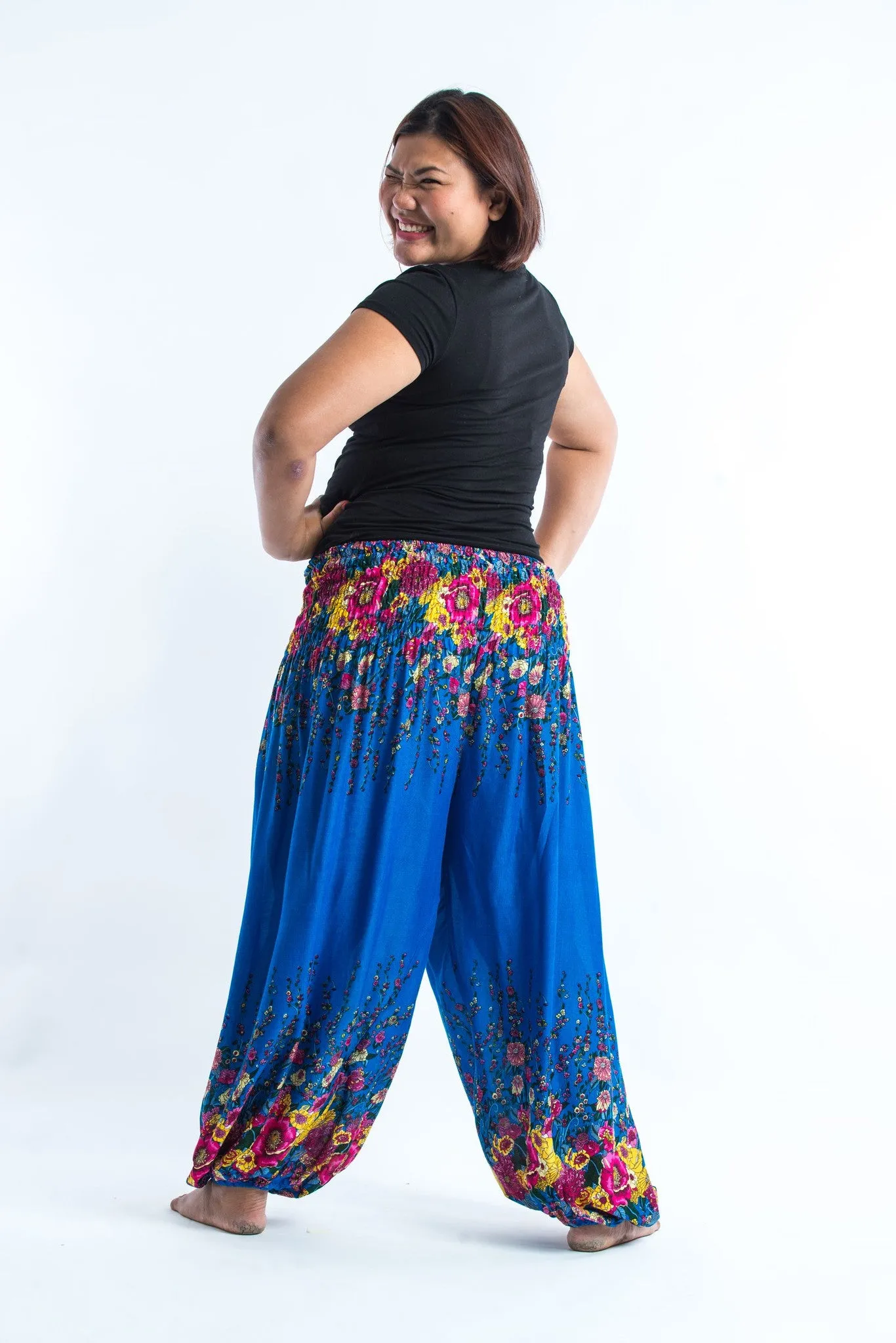 Plus Size Floral Women's Harem Pants in Ocean Blue