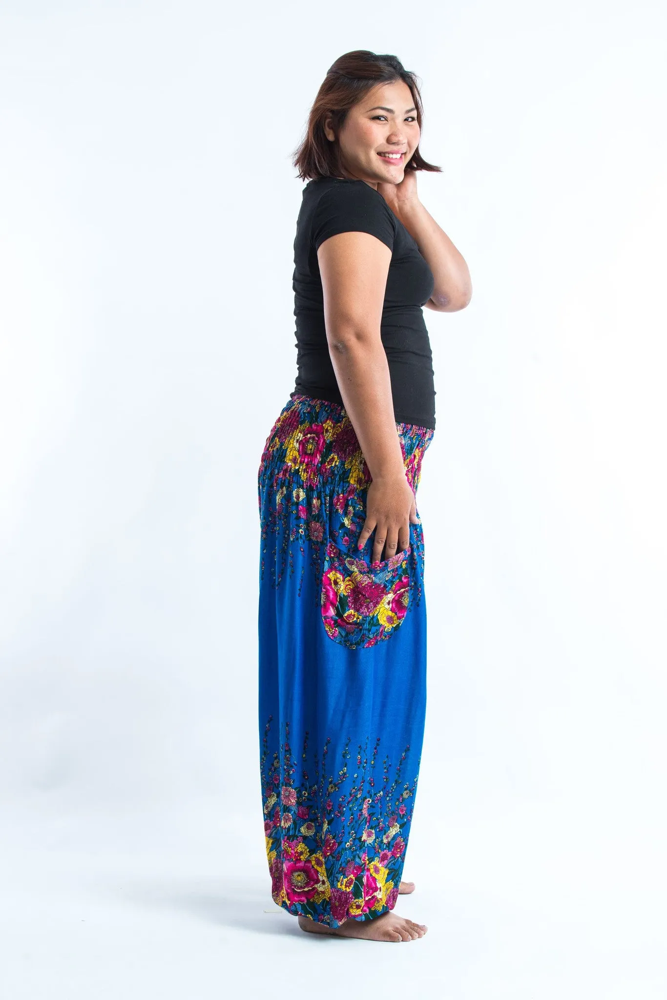 Plus Size Floral Women's Harem Pants in Ocean Blue