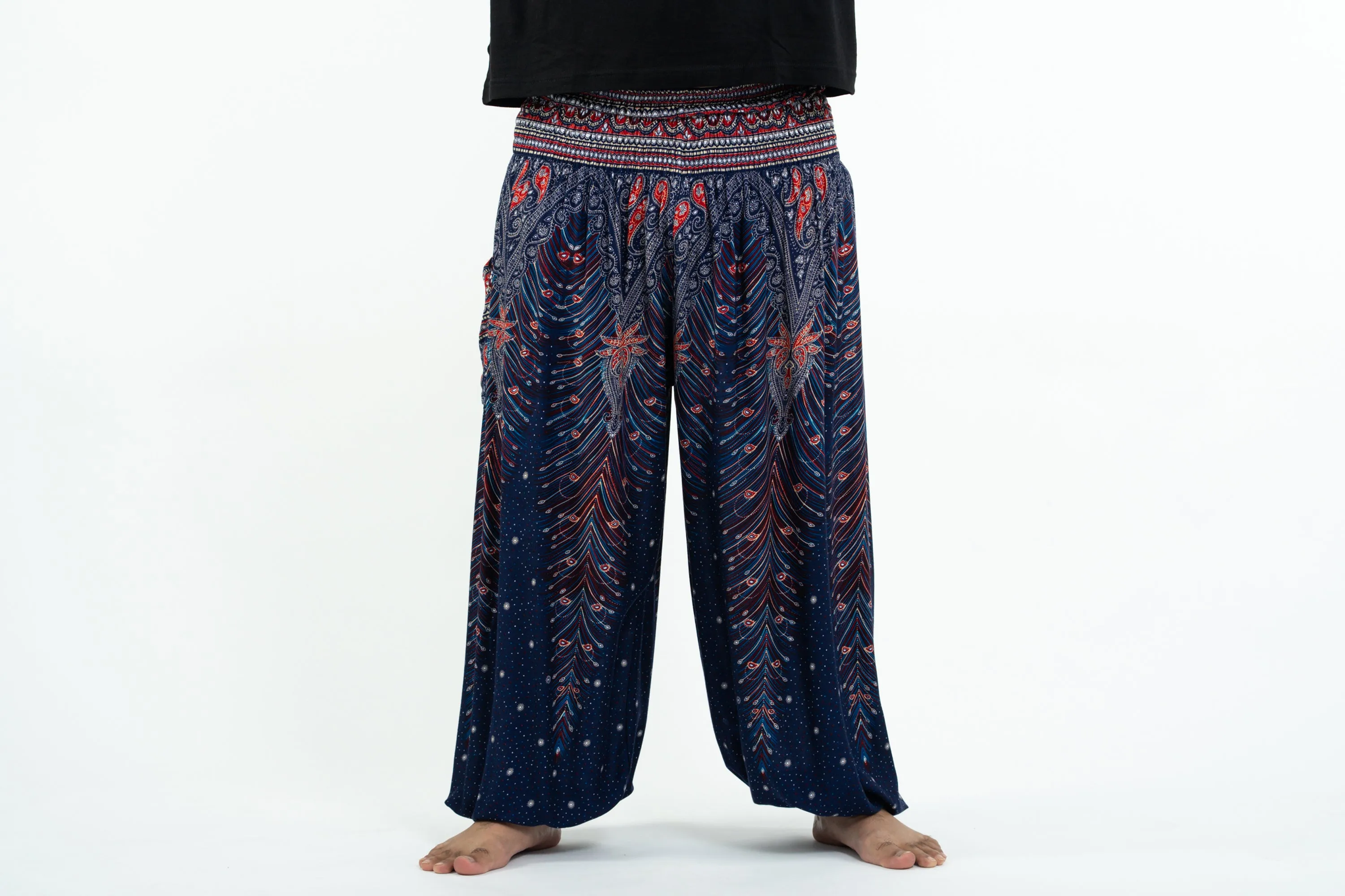 Plus Size Peacock Feathers Men's Harem Pants in Blue