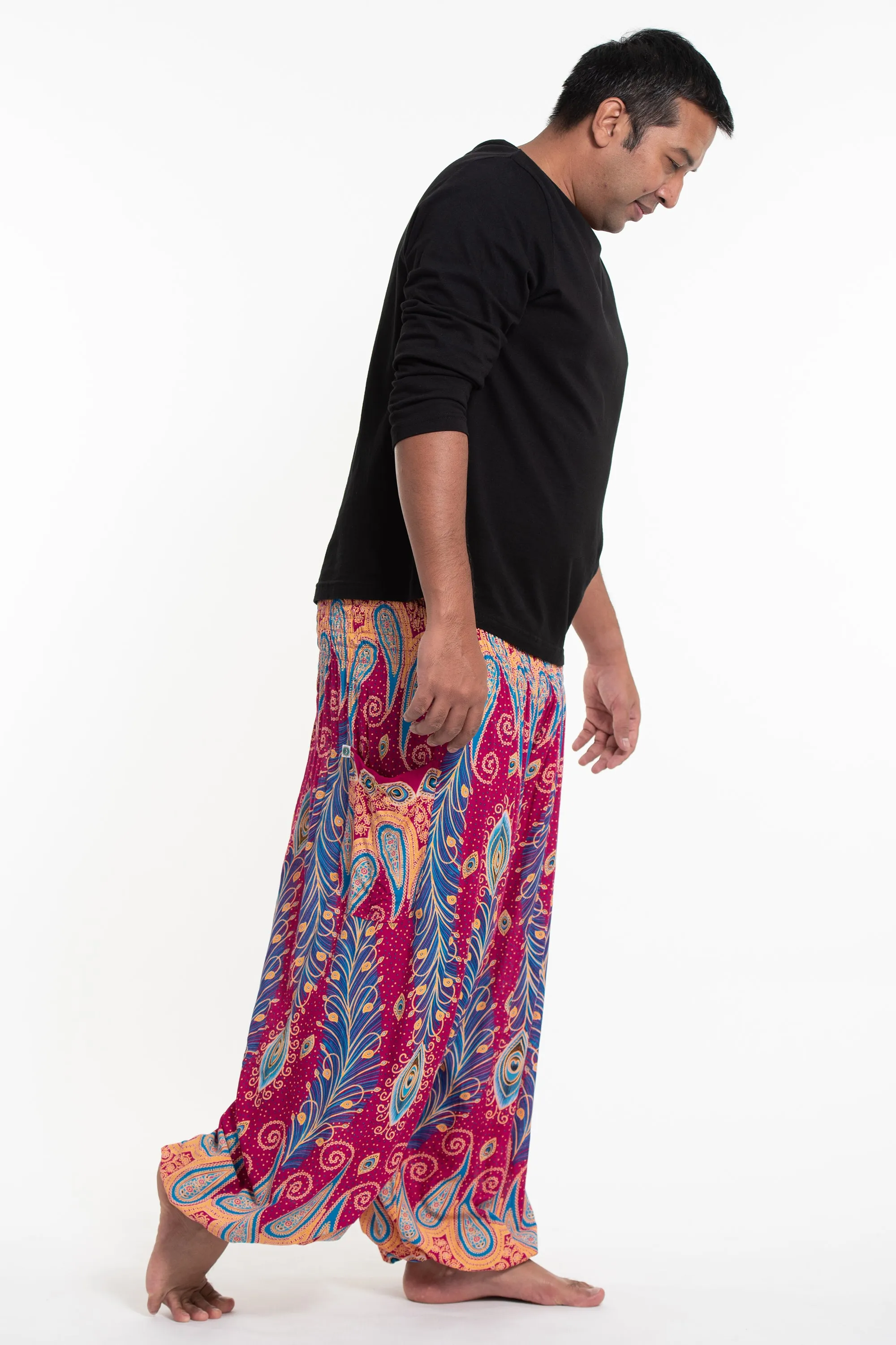Plus Size Peacock Paisley Men's Harem Pants in Pink