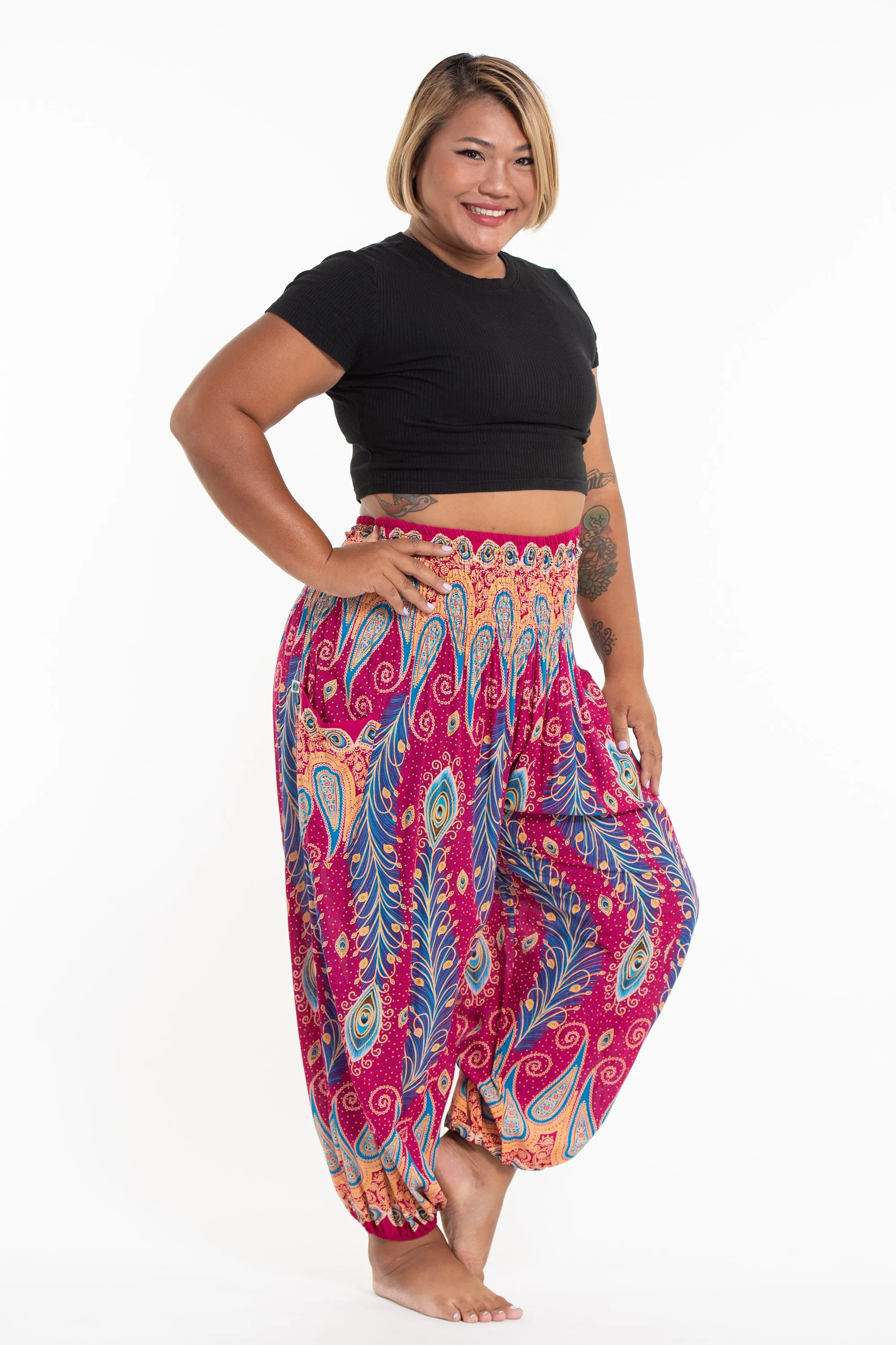 Plus Size Peacock Paisley Women's Harem Pants in Pink