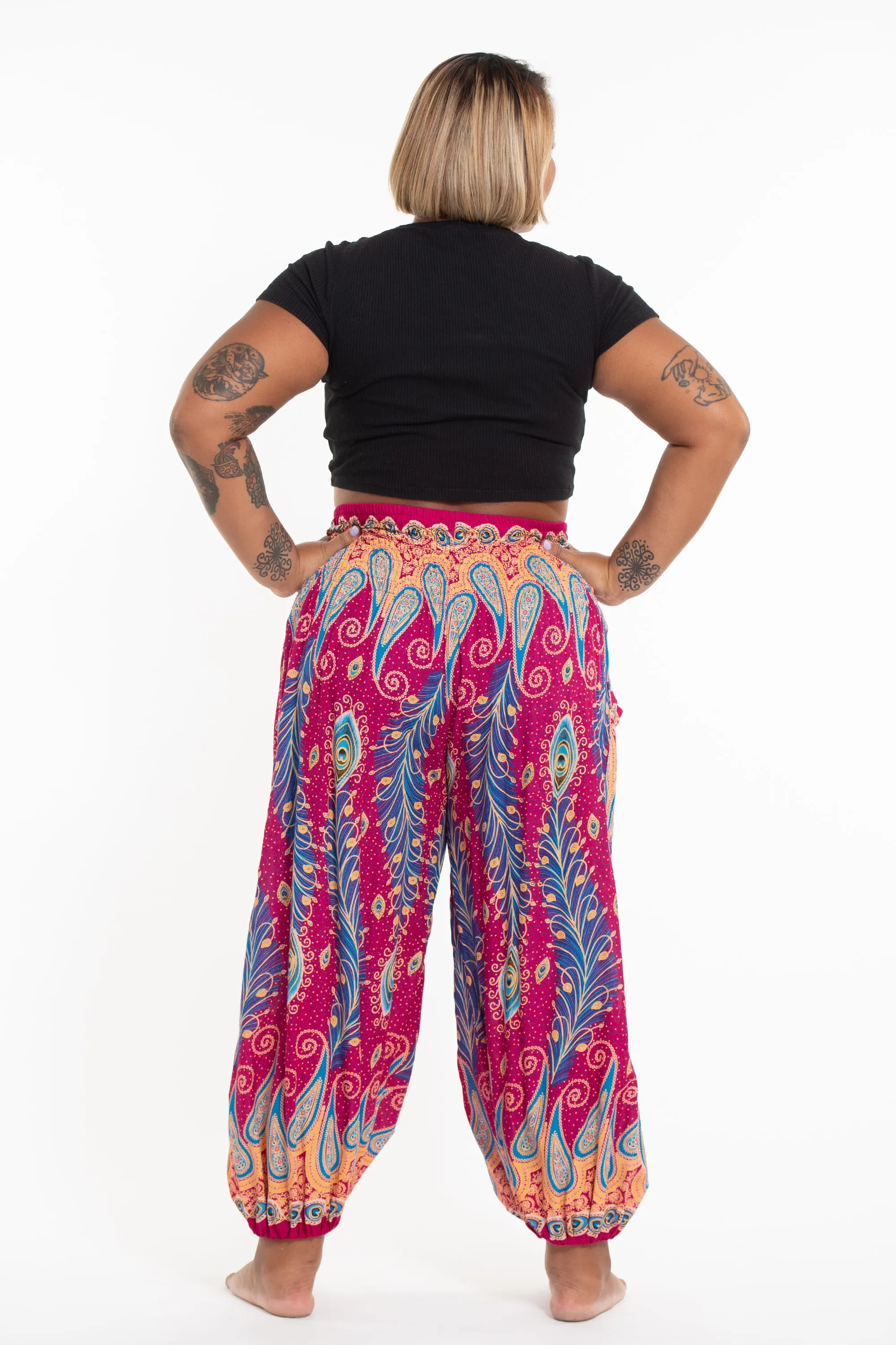 Plus Size Peacock Paisley Women's Harem Pants in Pink
