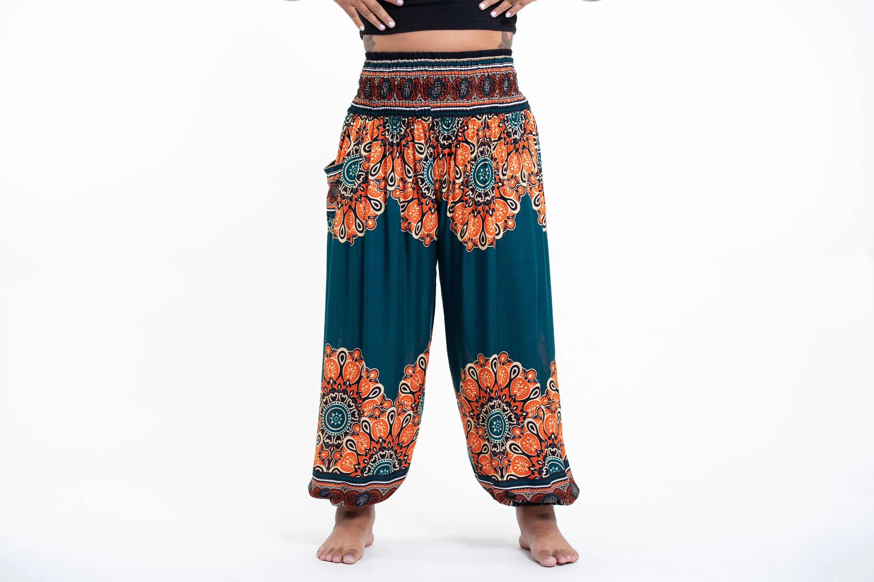 Plus Size Peony Mandalas Women's Harem Pants in Teal