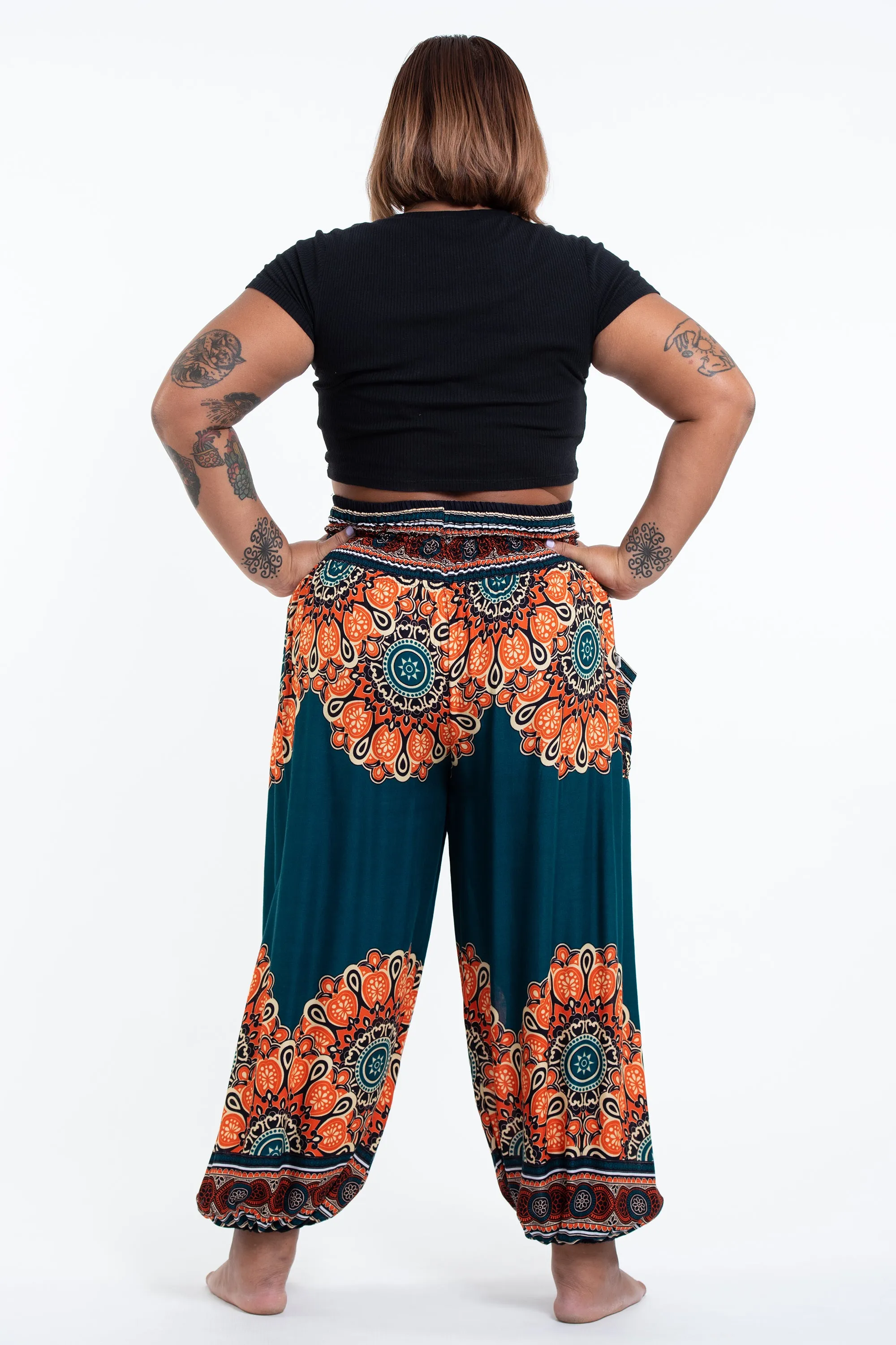 Plus Size Peony Mandalas Women's Harem Pants in Teal