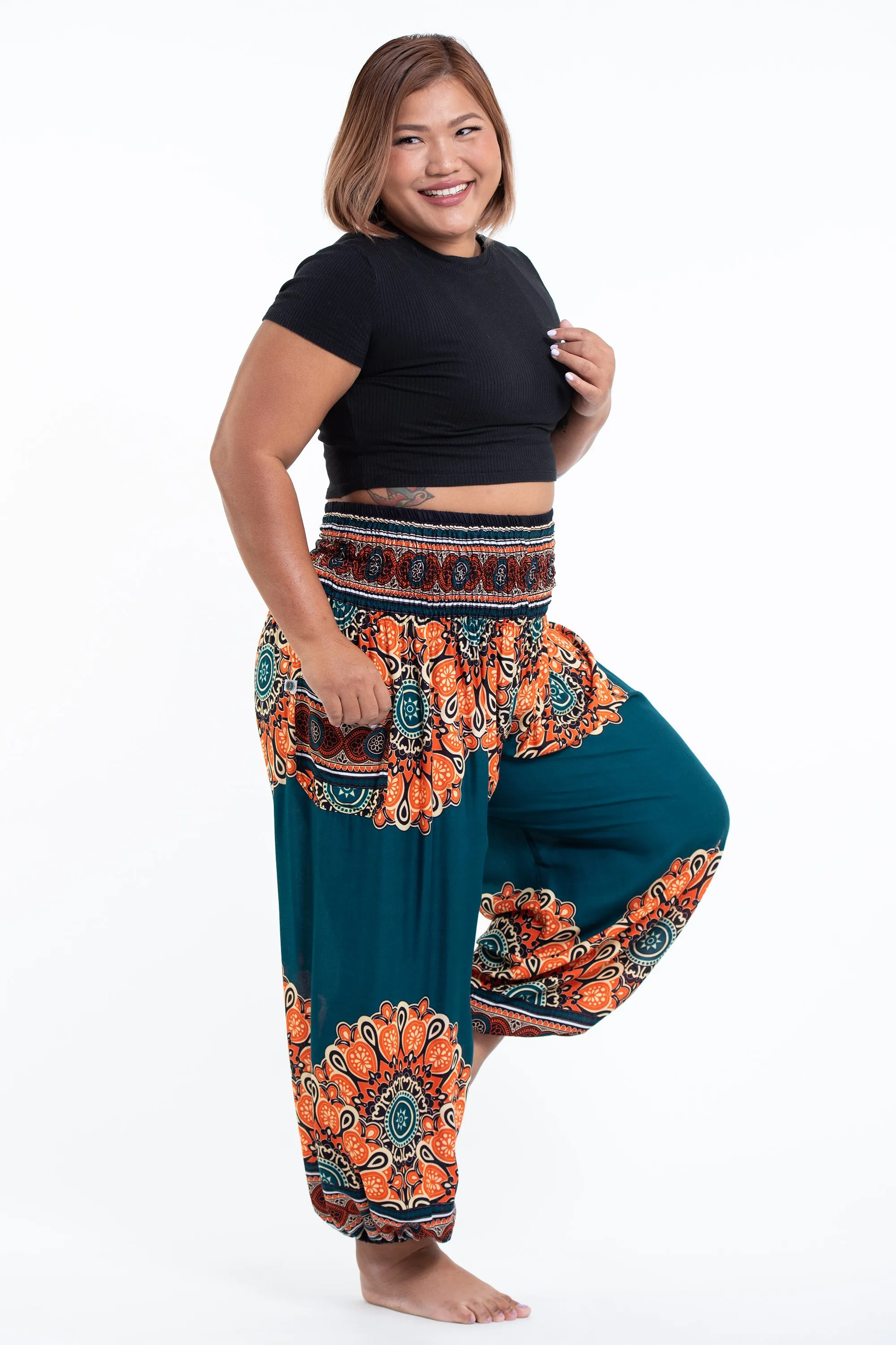 Plus Size Peony Mandalas Women's Harem Pants in Teal