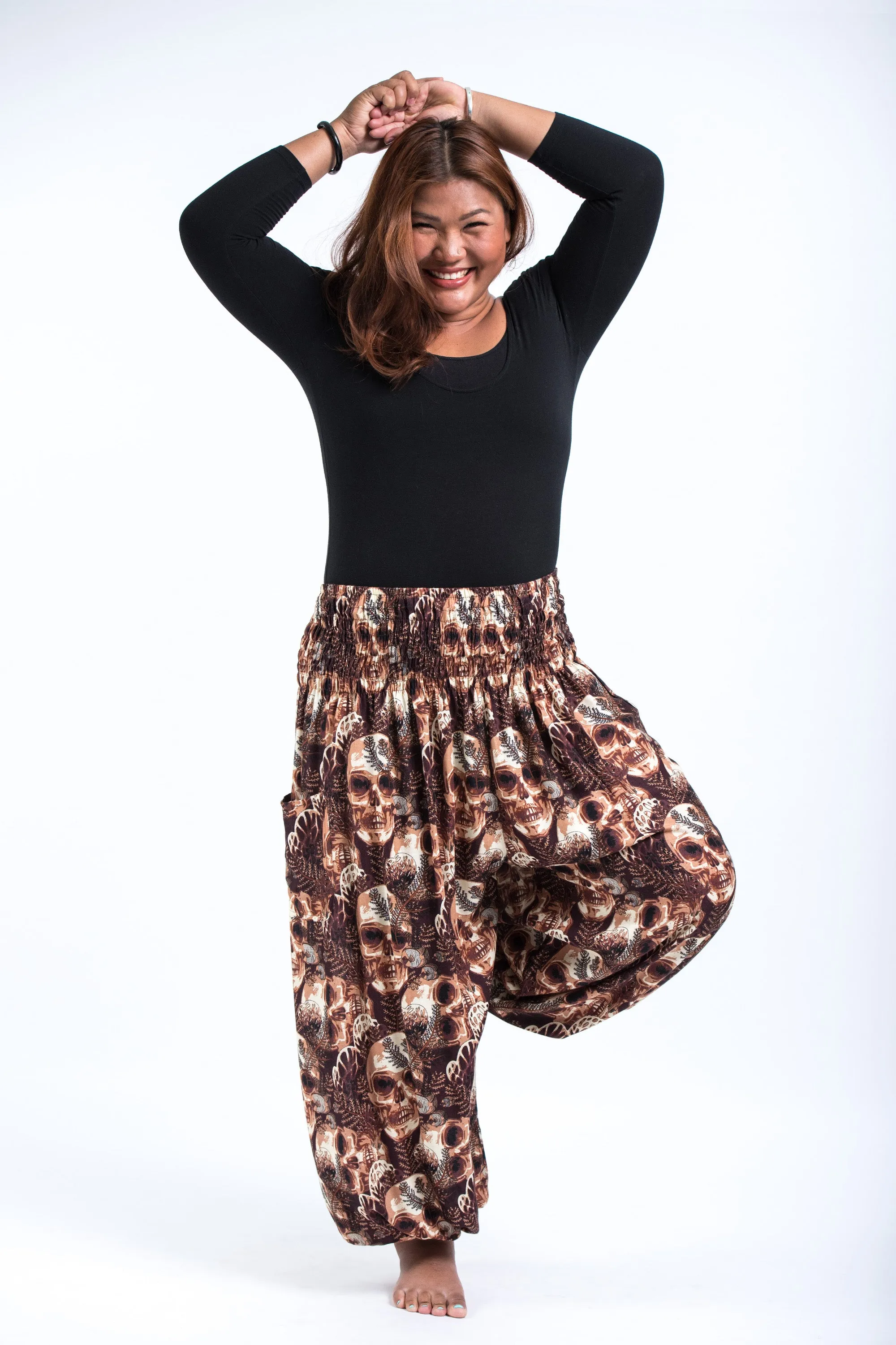 Plus Size Skulls Women's Harem Pants in Brown