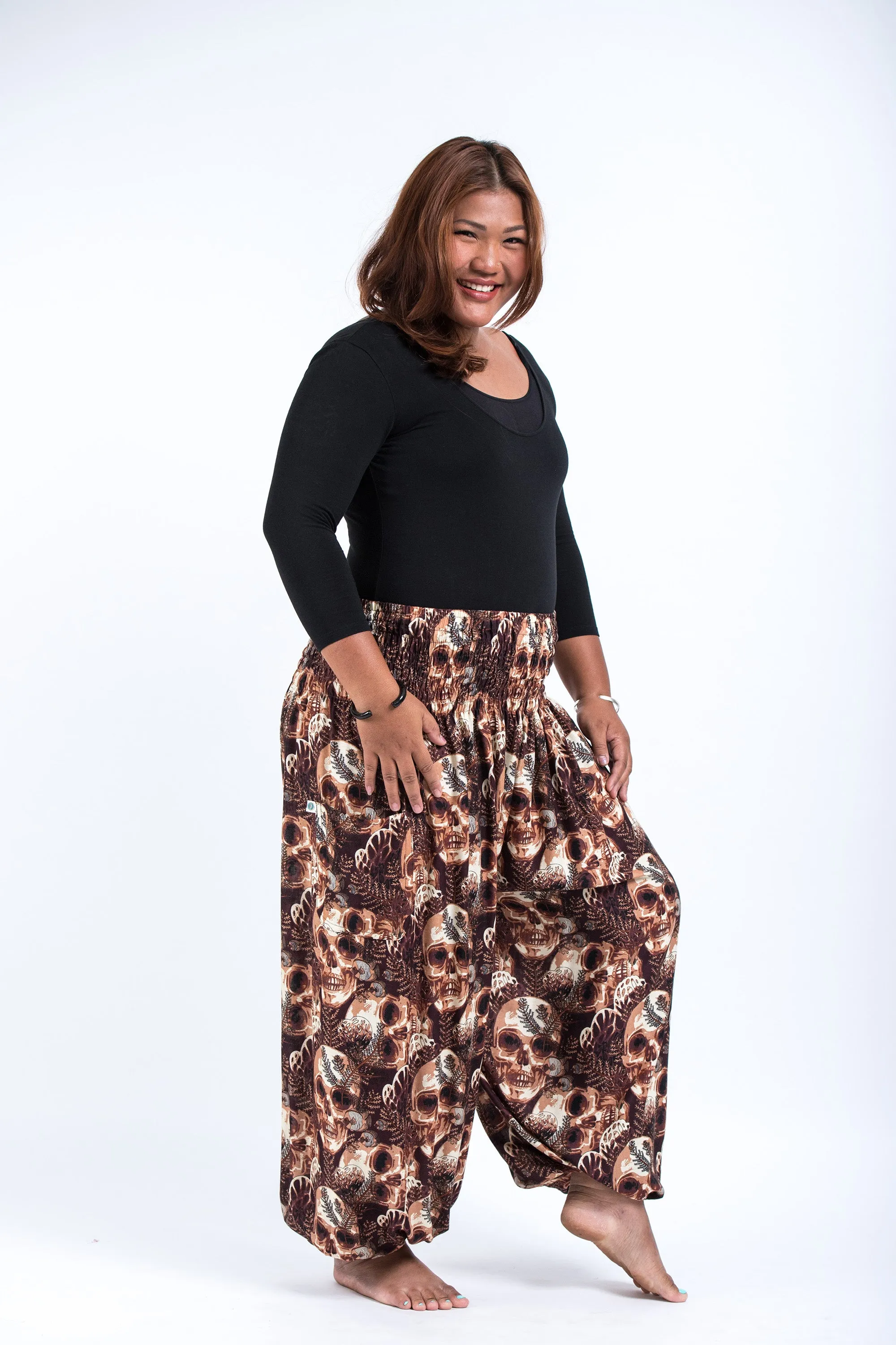 Plus Size Skulls Women's Harem Pants in Brown