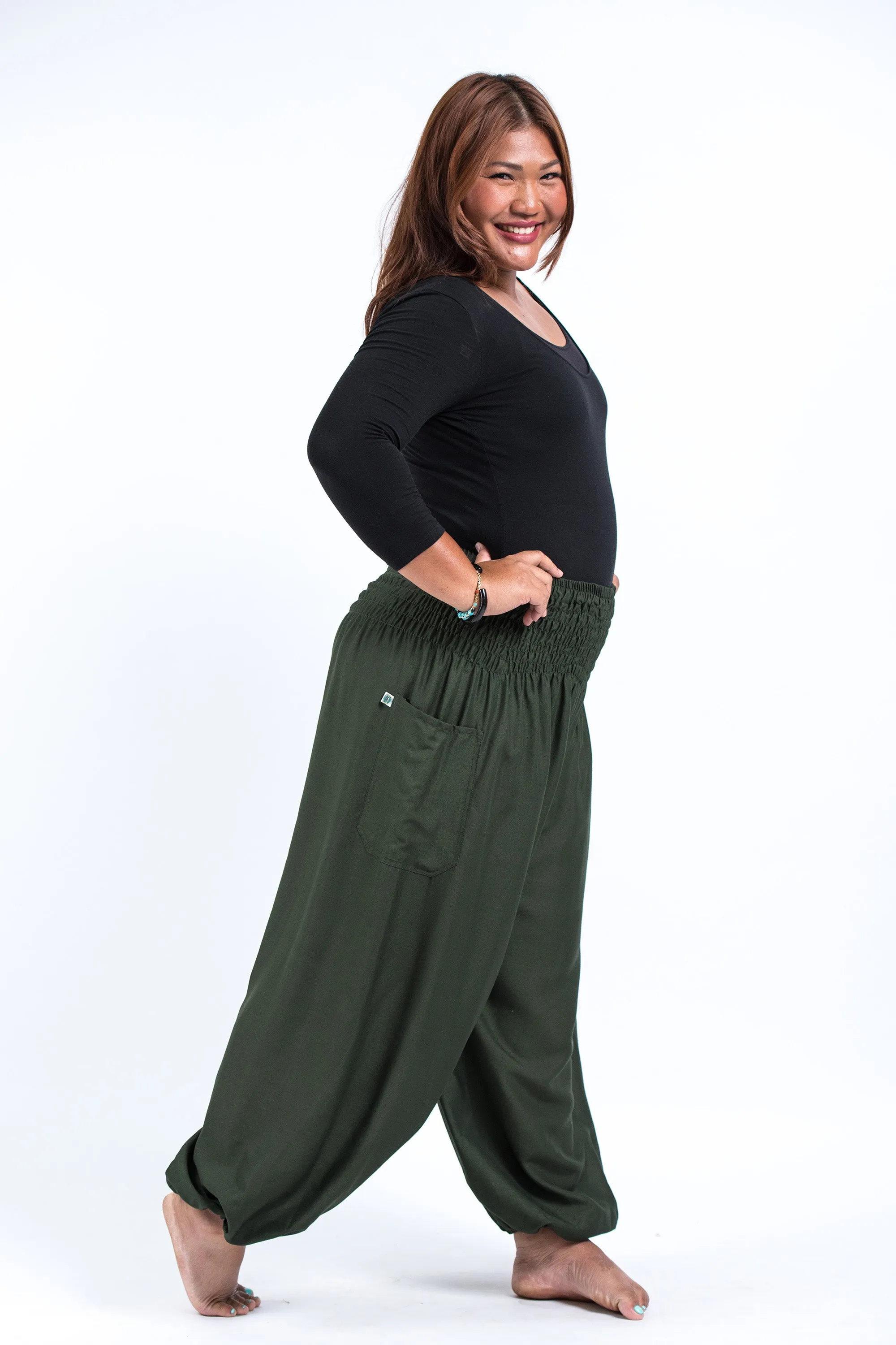 Plus Size Solid Color Women's Harem Pants in Dark Green