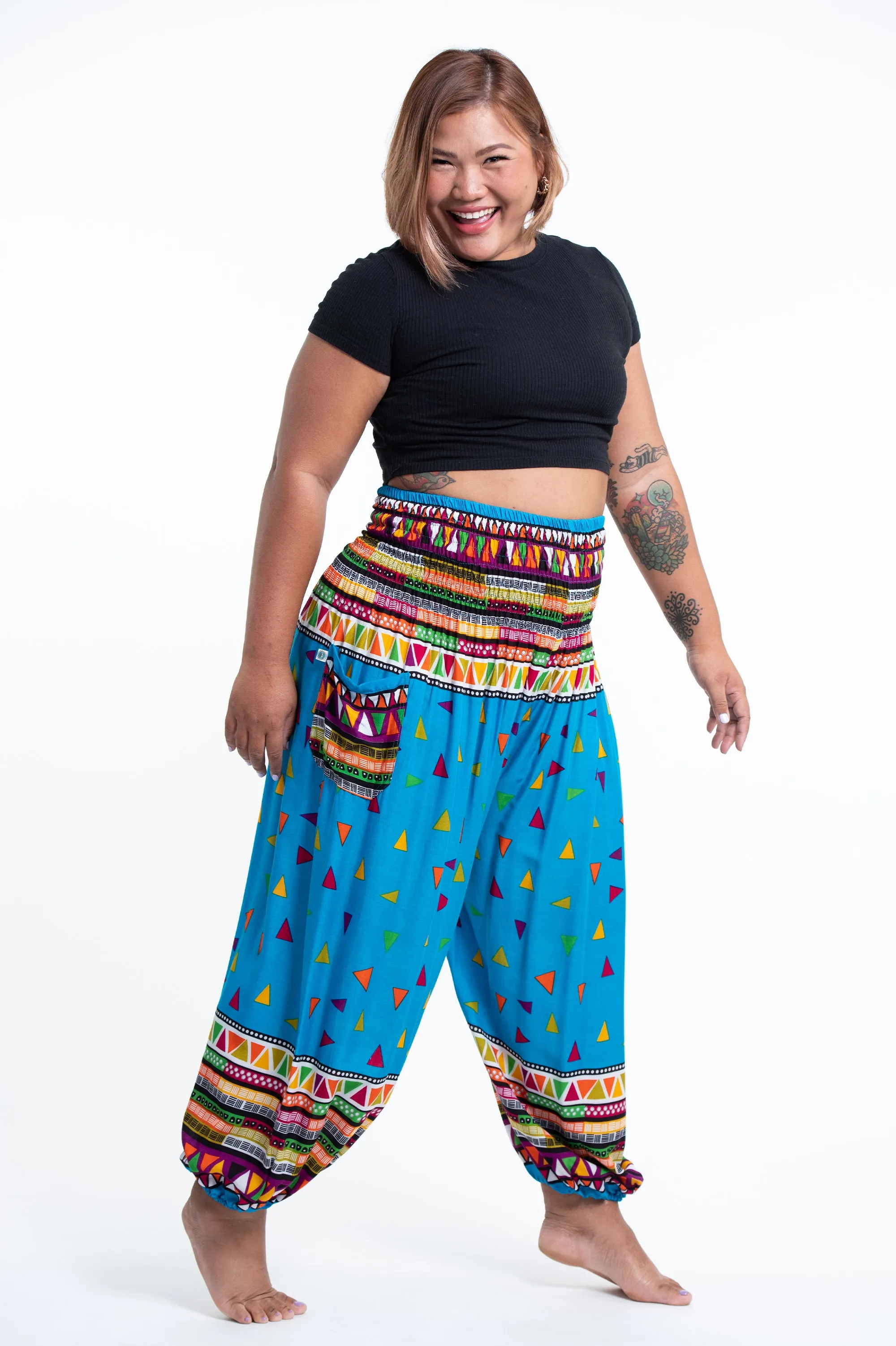 Plus Size Triangles Women's Harem Pants in Ocean Blue