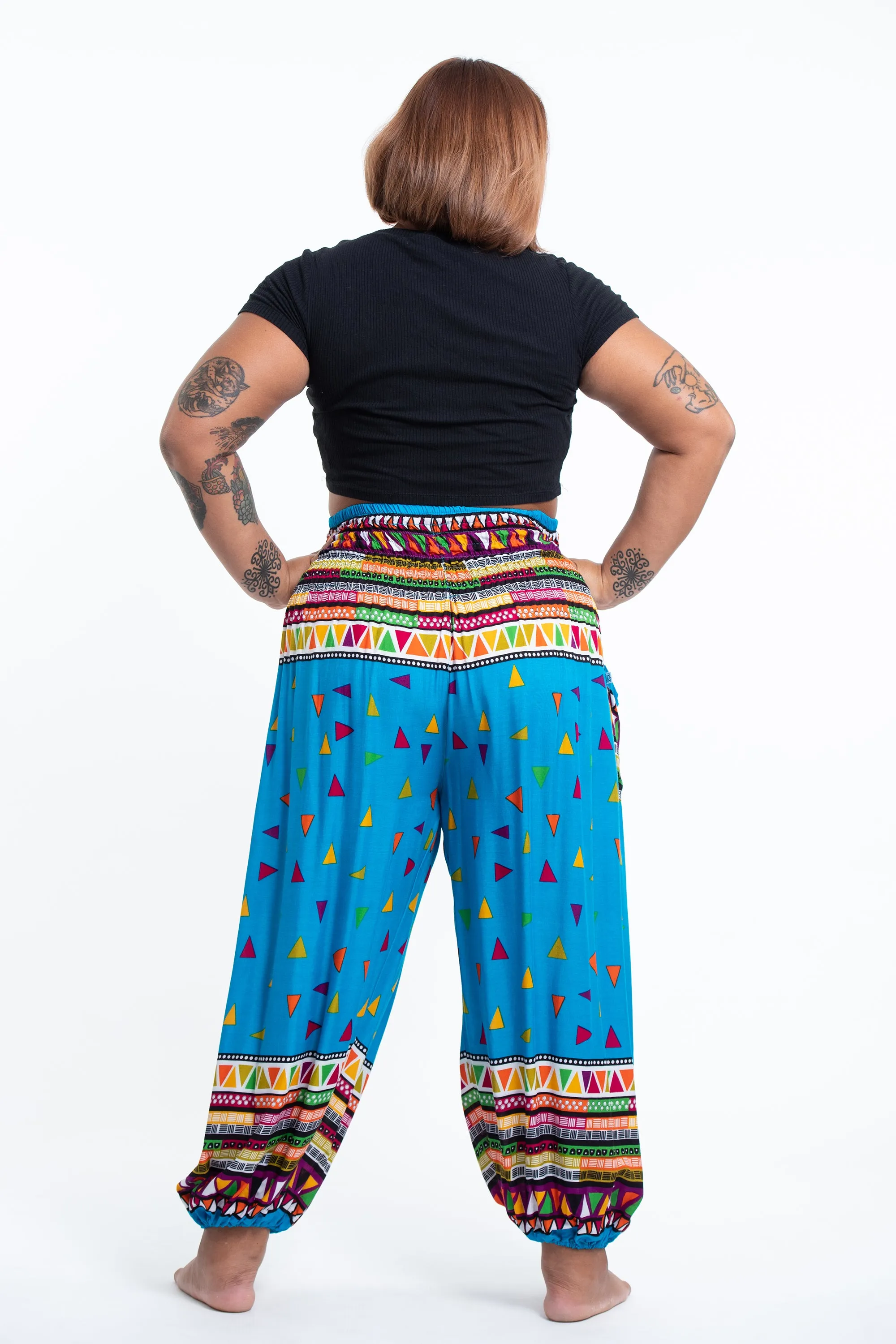 Plus Size Triangles Women's Harem Pants in Ocean Blue