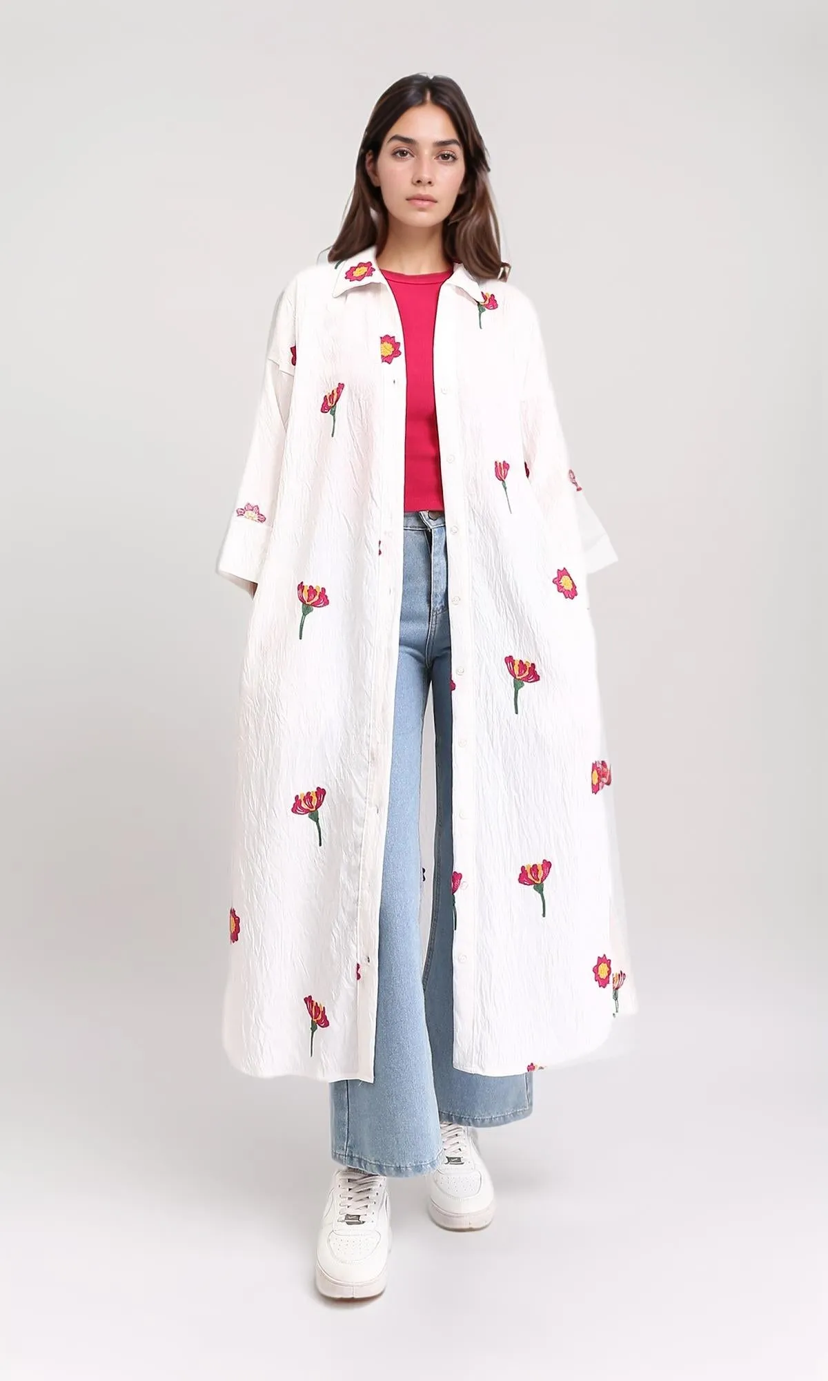 R206094 - 3/4 Sleeves Floral Long Shirt - Off-White & Red