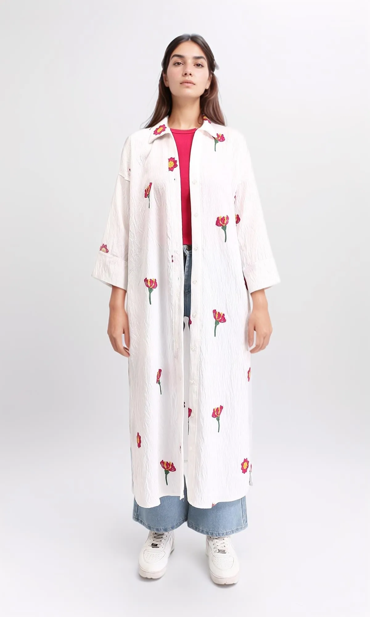 R206094 - 3/4 Sleeves Floral Long Shirt - Off-White & Red