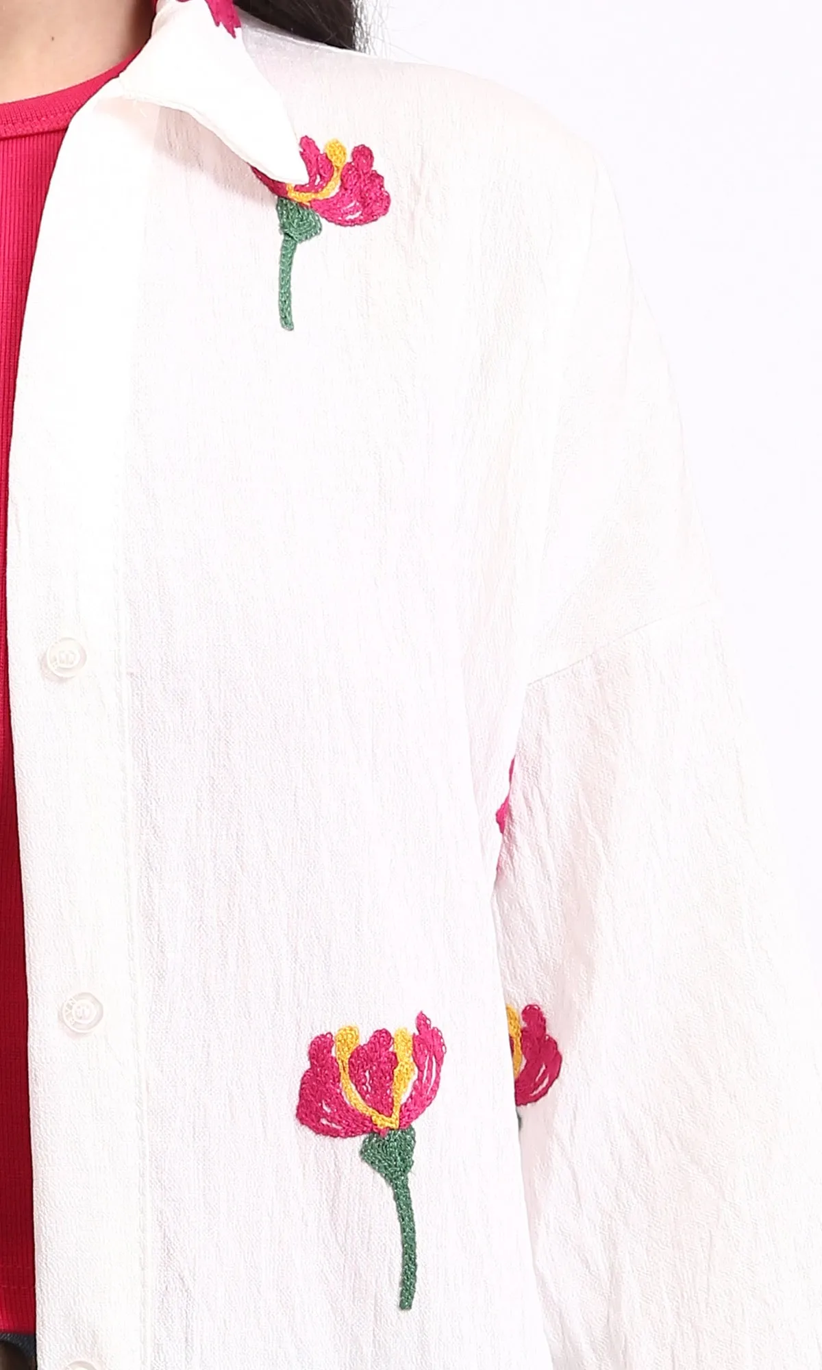 R206094 - 3/4 Sleeves Floral Long Shirt - Off-White & Red