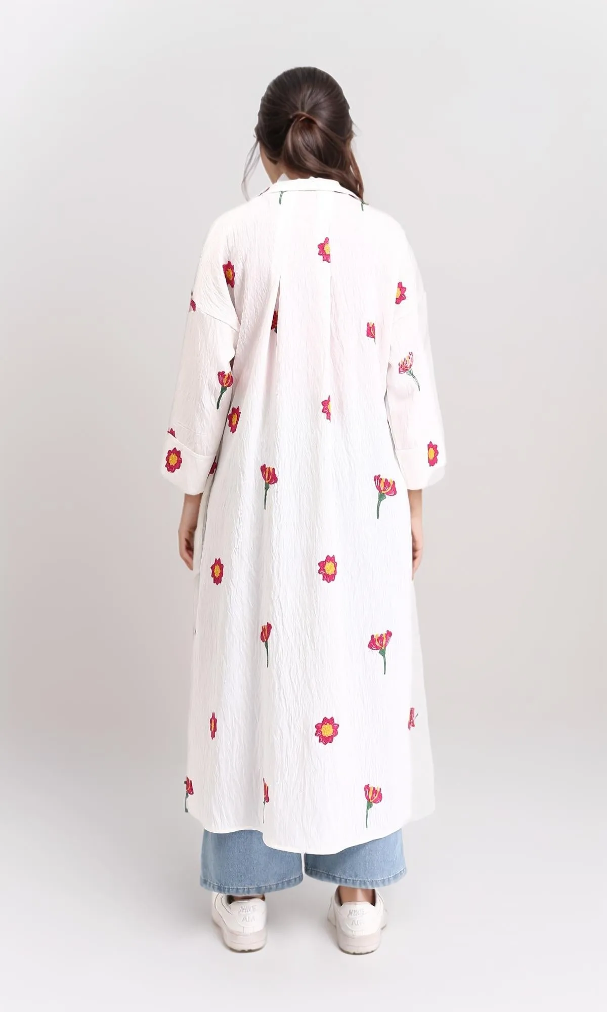 R206094 - 3/4 Sleeves Floral Long Shirt - Off-White & Red