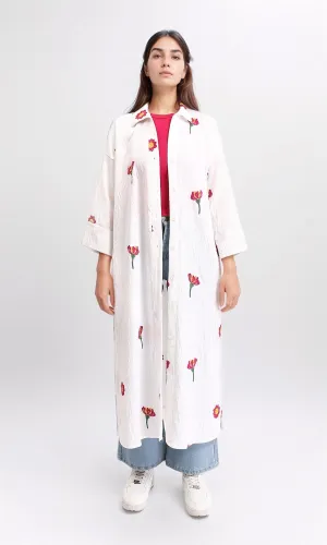 R206094 - 3/4 Sleeves Floral Long Shirt - Off-White & Red