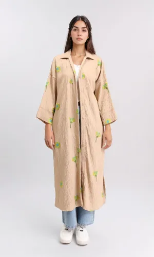 R206095 - 3/4 Sleeves Floral Long Shirt - Dark Camel & Lime