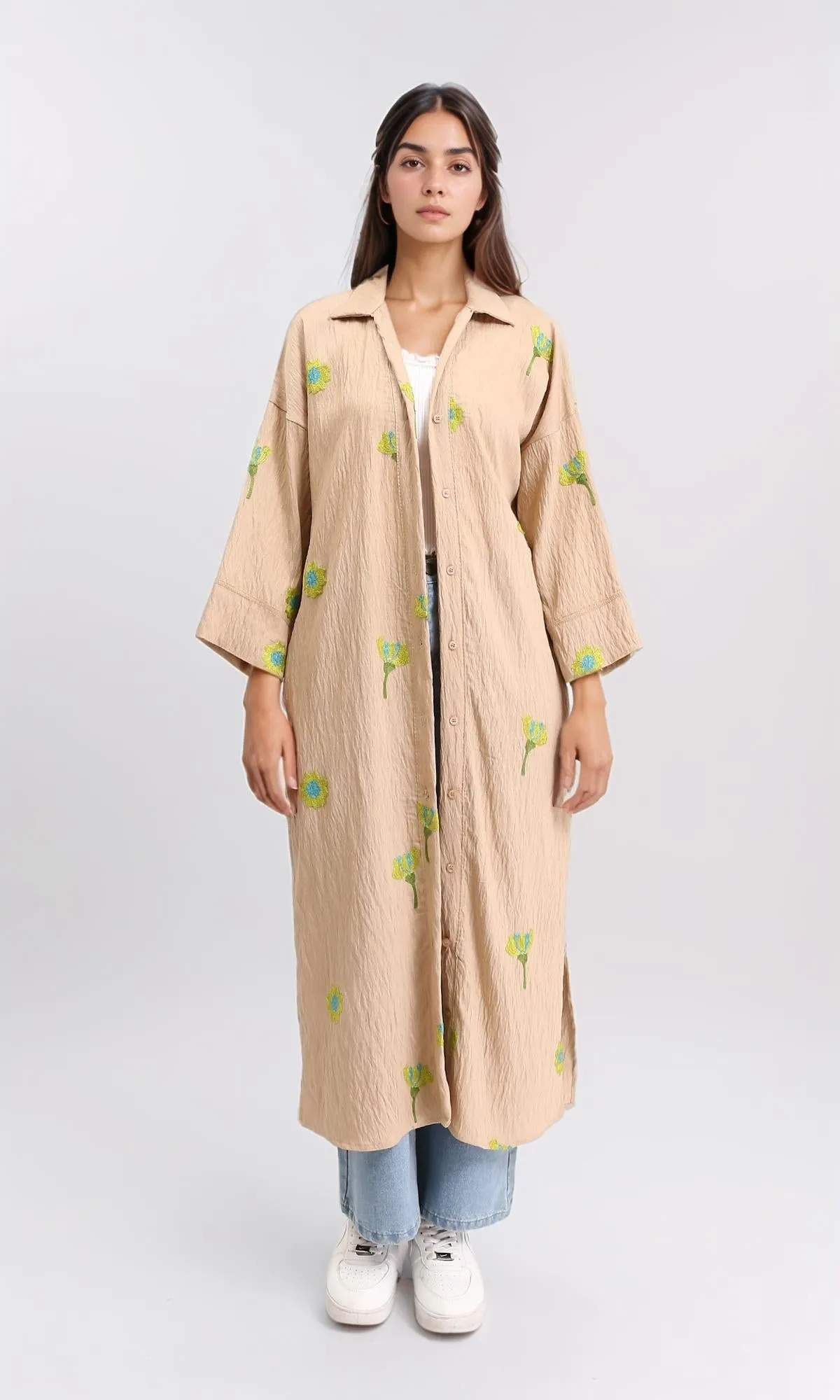 R206095 - 3/4 Sleeves Floral Long Shirt - Dark Camel & Lime
