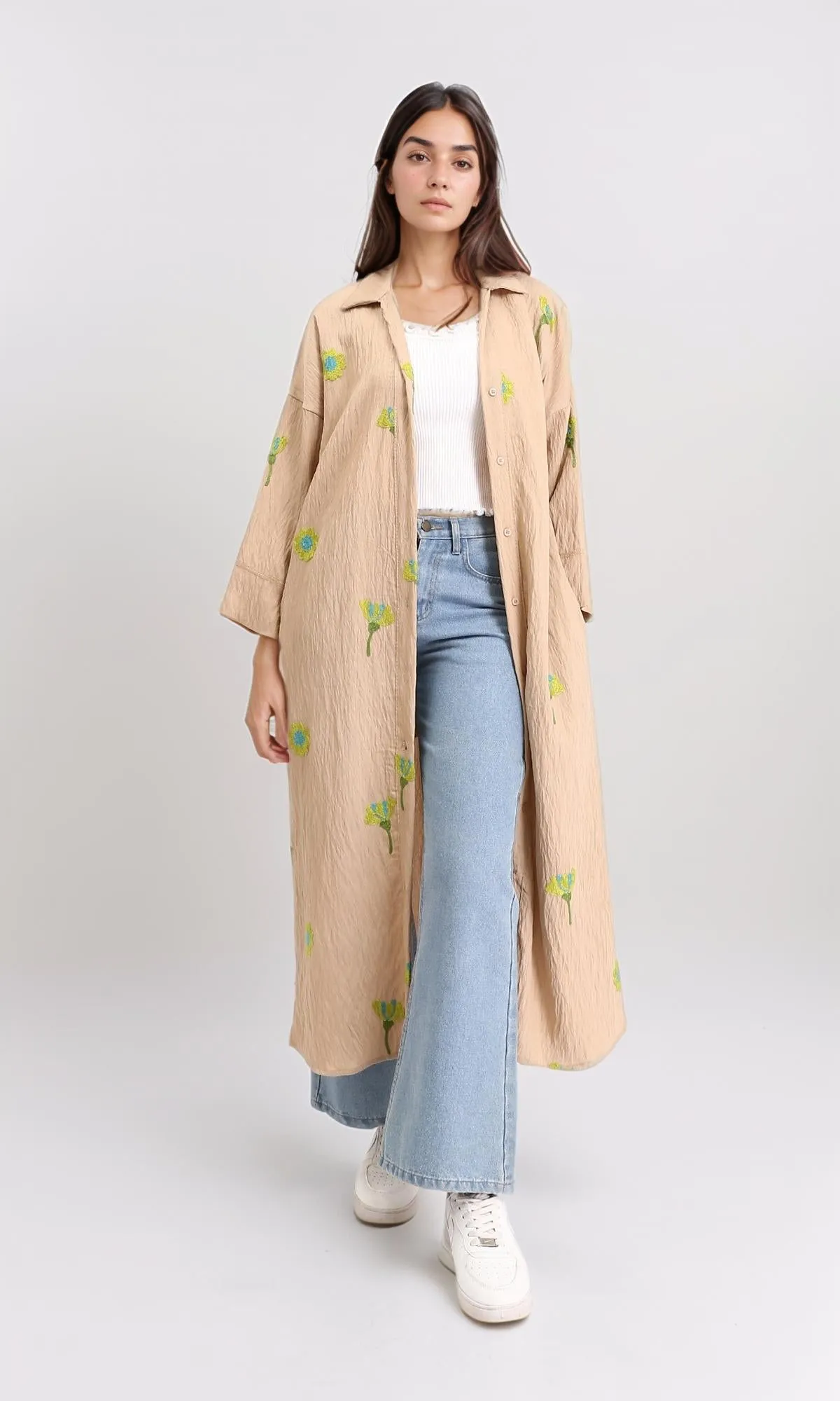 R206095 - 3/4 Sleeves Floral Long Shirt - Dark Camel & Lime