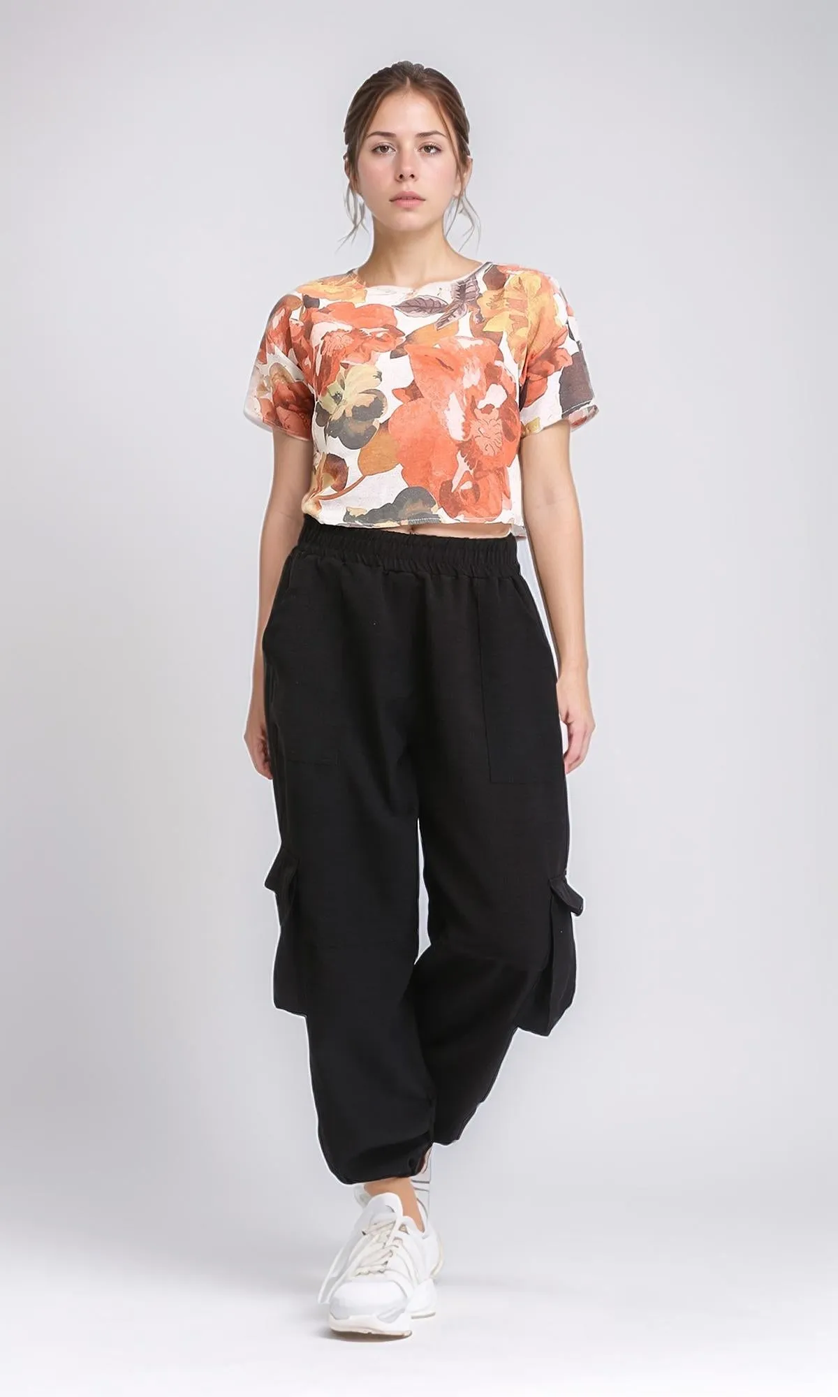 R208492 - Floral Short Sleeves Summer Tee - Orange & Brown