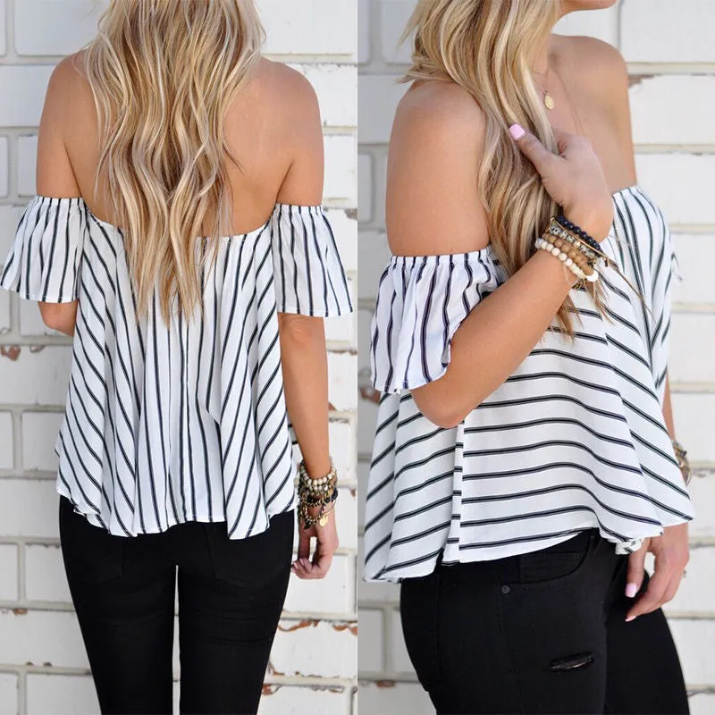 Sexy Stripe Off-Shoulder Short Sleeve Loose T-shirt