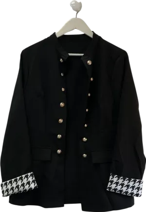 SHEIN Black Button-up Jacket With Houndstooth Patterned Cuffs UK L