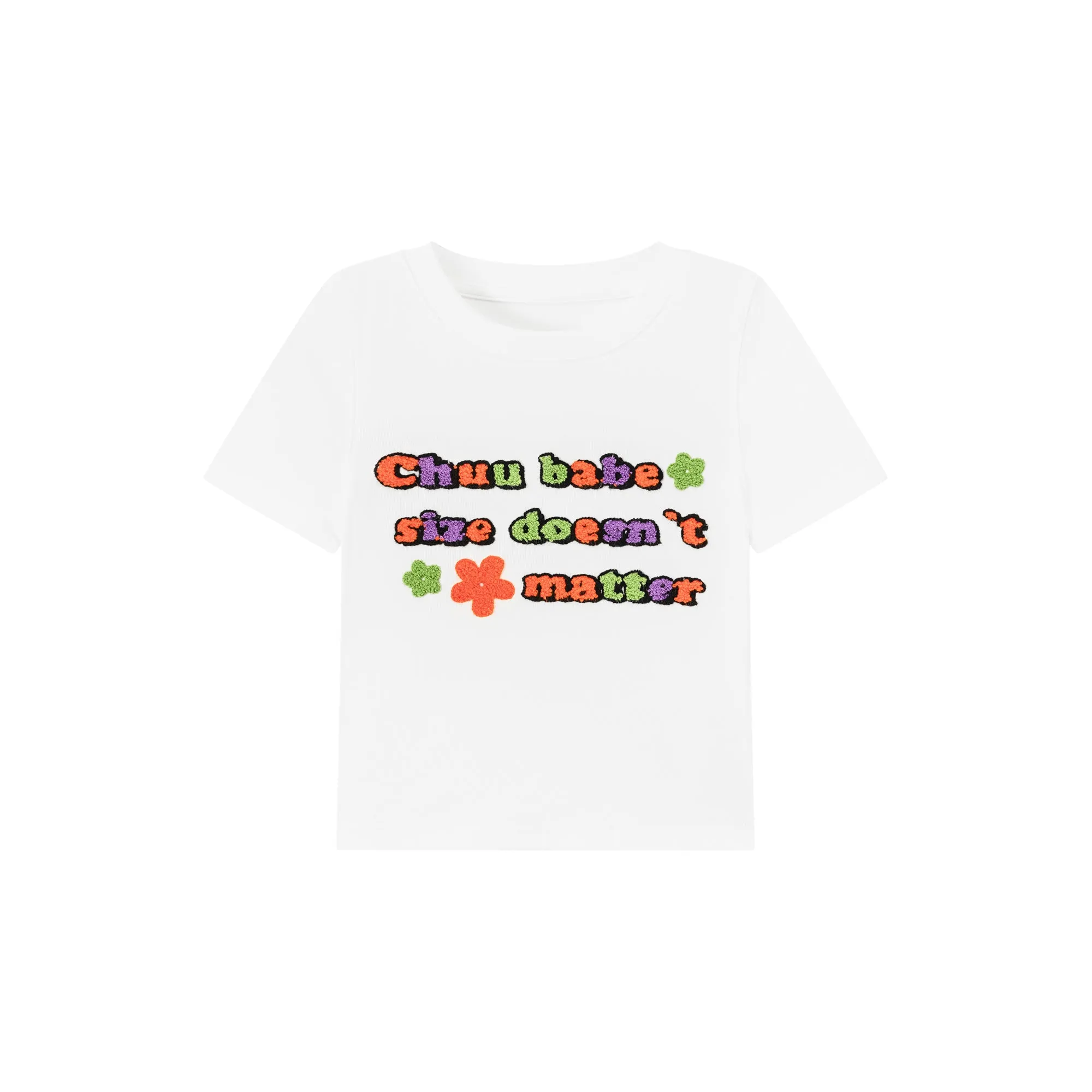 Size Doesnt Matter Colorful Embroidered Slim Crop T-Shirt