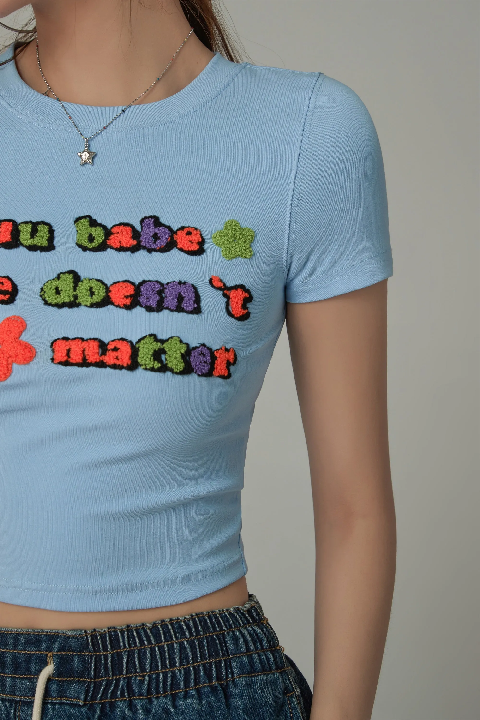 Size Doesnt Matter Colorful Embroidered Slim Crop T-Shirt