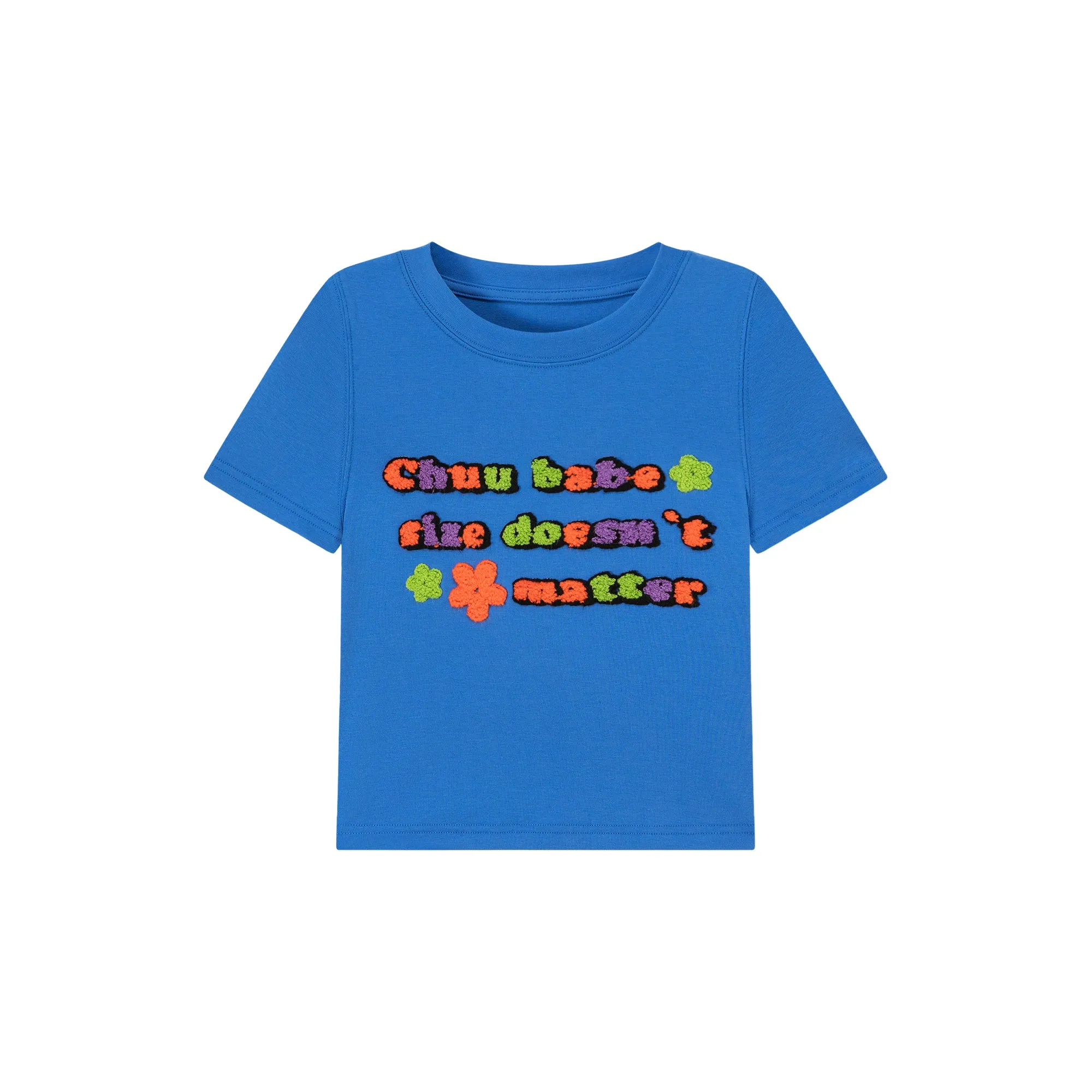Size Doesnt Matter Colorful Embroidered Slim Crop T-Shirt