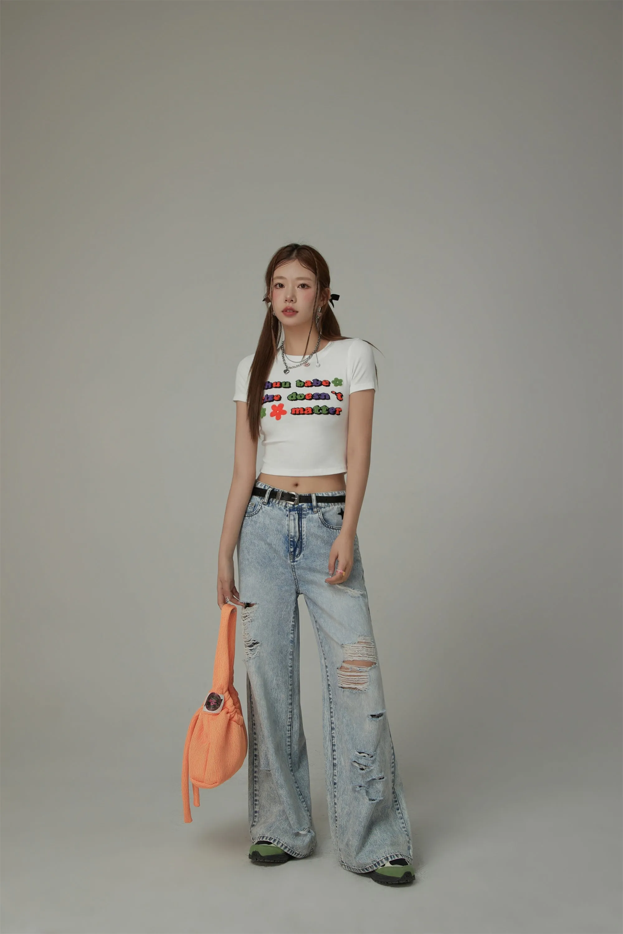 Size Doesnt Matter Colorful Embroidered Slim Crop T-Shirt