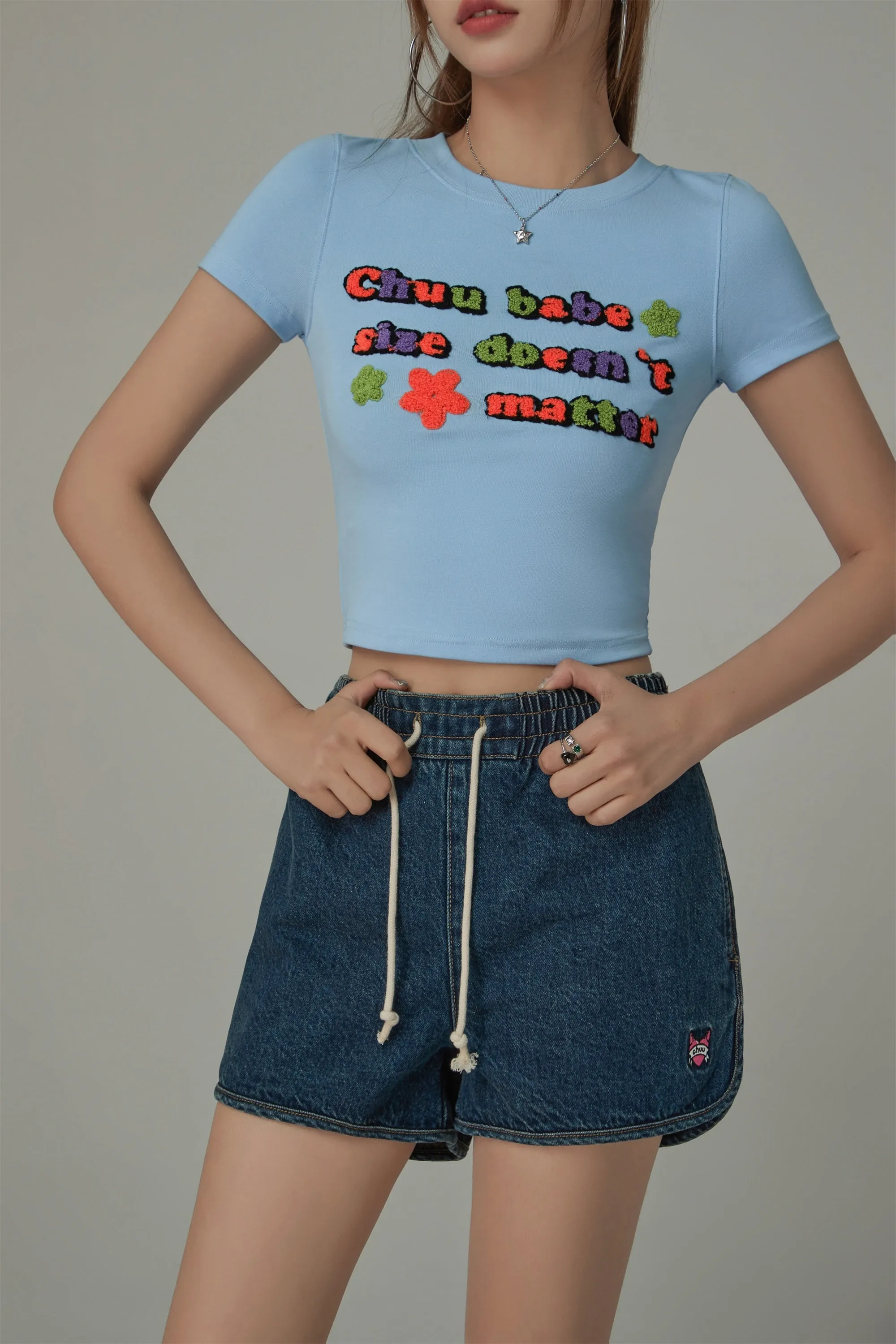 Size Doesnt Matter Colorful Embroidered Slim Crop T-Shirt