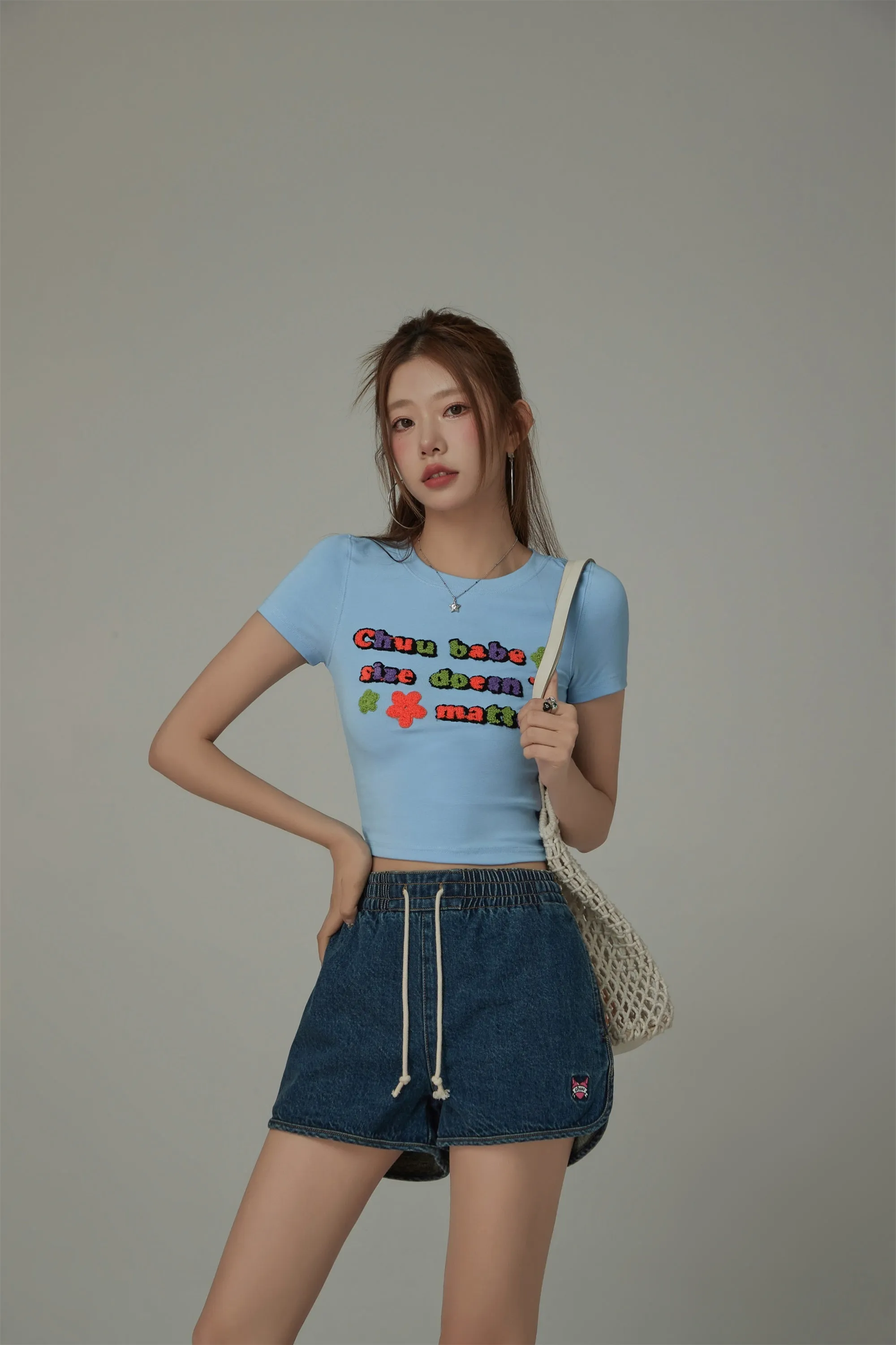 Size Doesnt Matter Colorful Embroidered Slim Crop T-Shirt