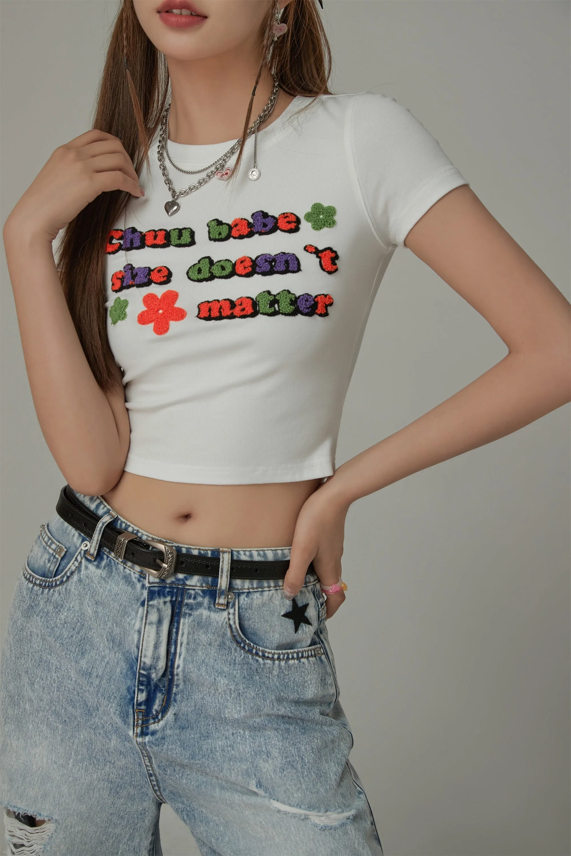 Size Doesnt Matter Colorful Embroidered Slim Crop T-Shirt