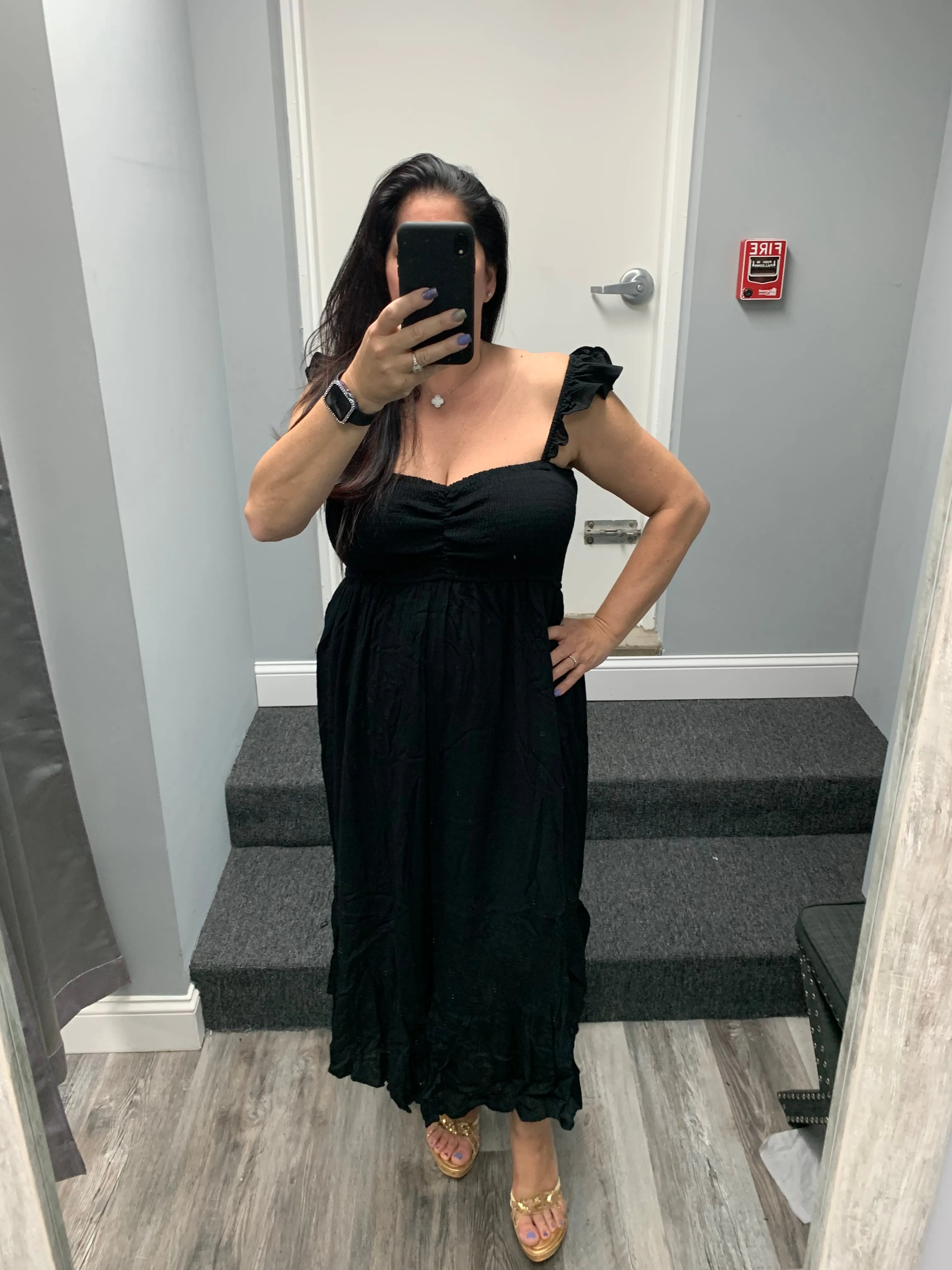 SOLID SMOCKED JUMPSUIT - BLACK