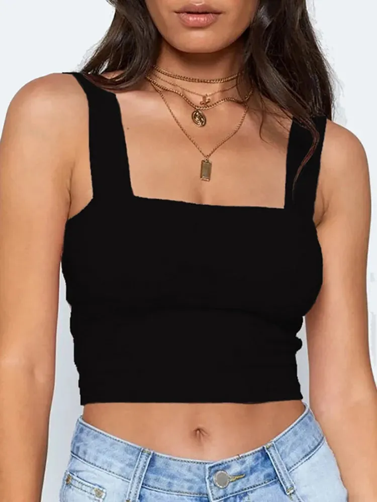 Square Neck Sleeveless Summer Crop Top – White & Black Women Casual Basic T-Shirt, Off-Shoulder Cami Sexy Backless Tank Top