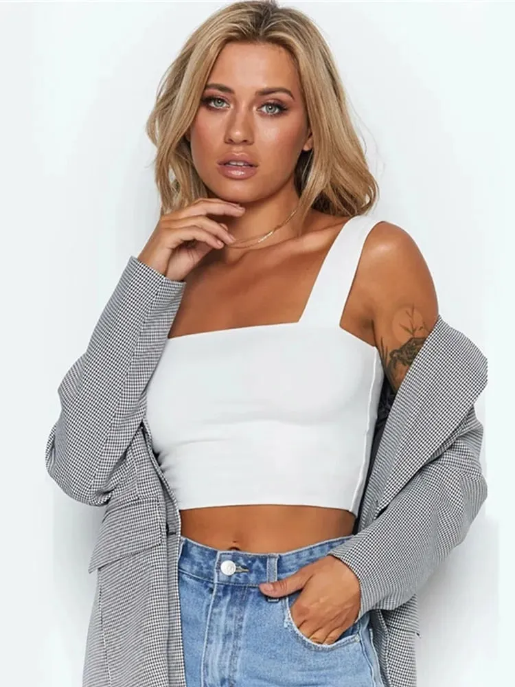 Square Neck Sleeveless Summer Crop Top – White & Black Women Casual Basic T-Shirt, Off-Shoulder Cami Sexy Backless Tank Top