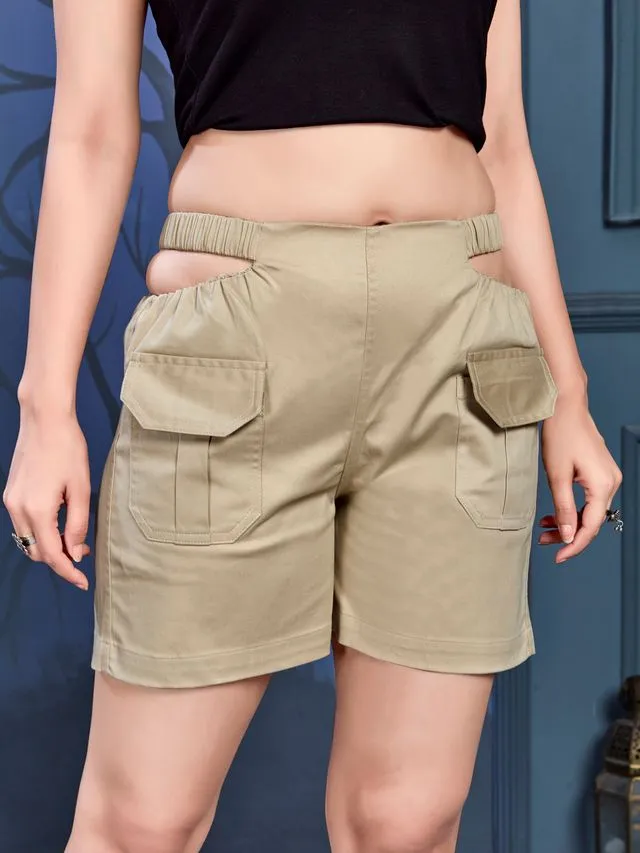 stylish  cotton satin lycra waist cutout shorts with front flap pockets - Beige