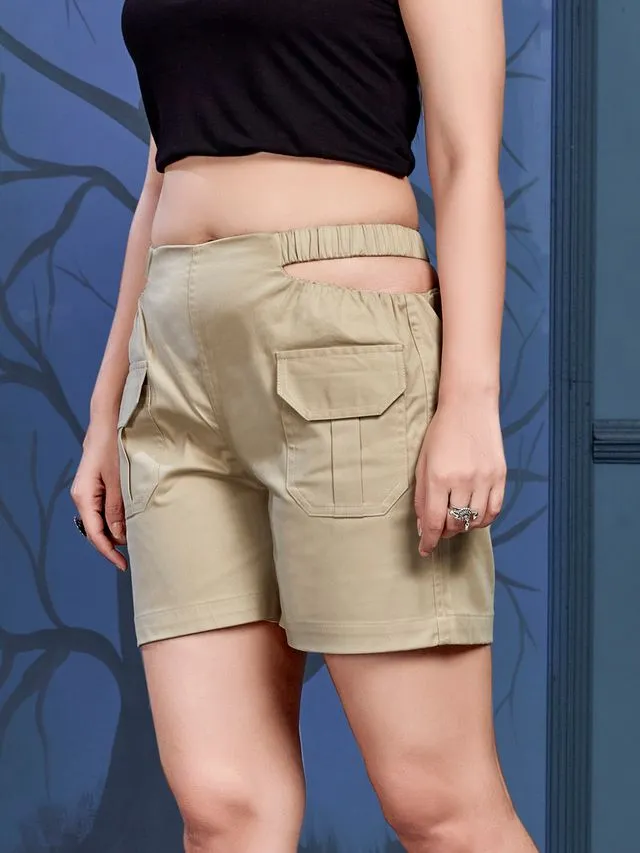 stylish  cotton satin lycra waist cutout shorts with front flap pockets - Beige