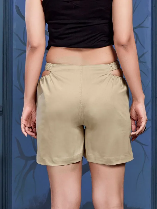 stylish  cotton satin lycra waist cutout shorts with front flap pockets - Beige