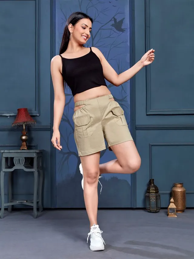 stylish  cotton satin lycra waist cutout shorts with front flap pockets - Beige