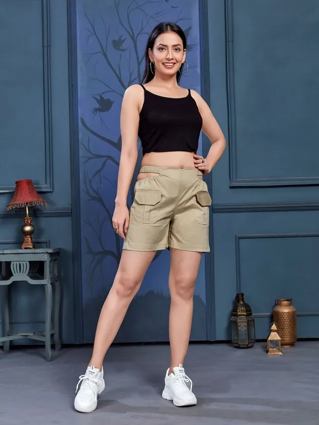 stylish  cotton satin lycra waist cutout shorts with front flap pockets - Beige