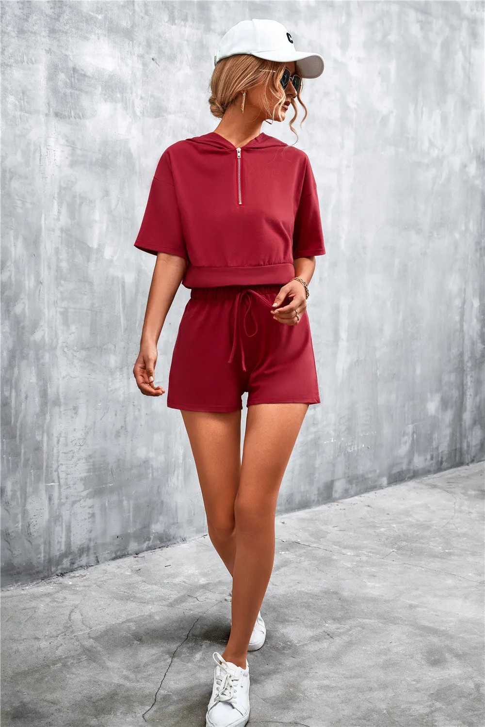 Stylish Half-Zip Hooded Cropped Tee & Shorts Co-ord Set