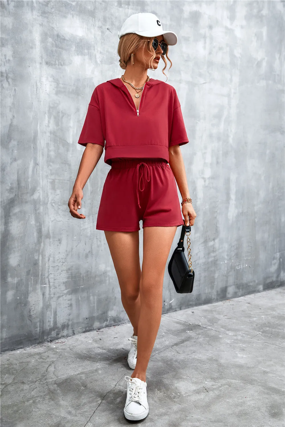 Stylish Half-Zip Hooded Cropped Tee & Shorts Co-ord Set